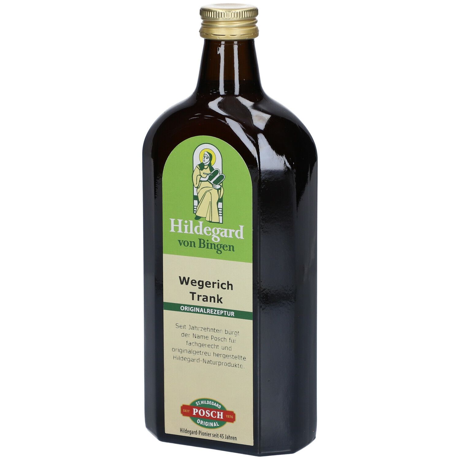 Braune Glasflasche mit grünem Etikett. Aufschrift: Hildegard von Bingen, Wegerich Trank. Goldfarbener Verschluss.