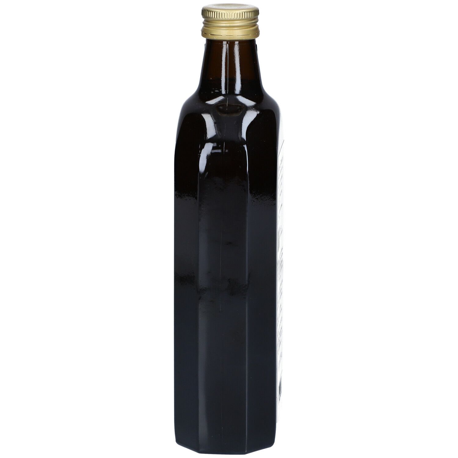 Braune, längliche Glasflasche mit goldfarbenem Verschluss. Eckige Form mit vertikalen Rillen.
