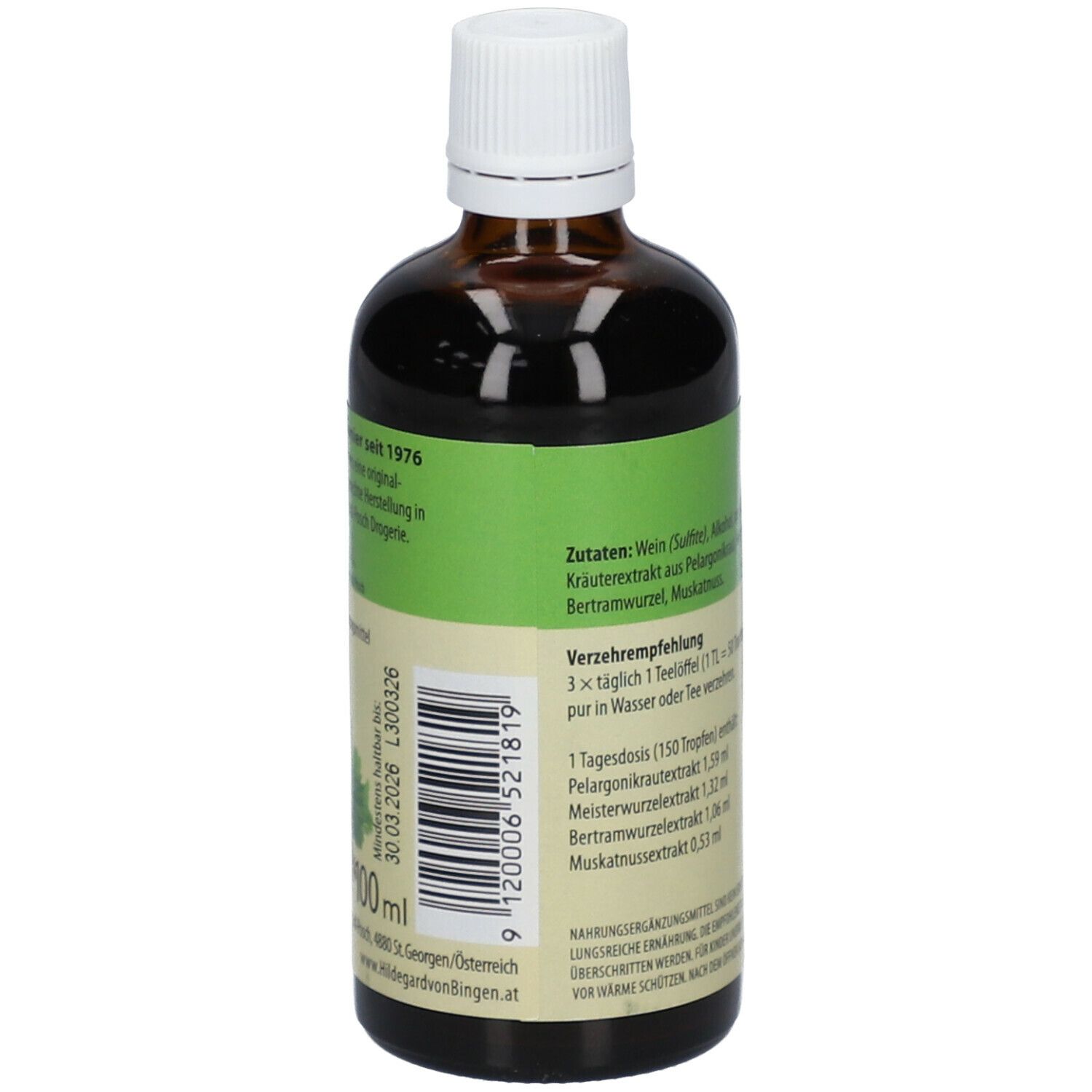 Braune Glasflasche mit weißem Deckel. Etikett mit Produktinformationen, Text und Barcode.