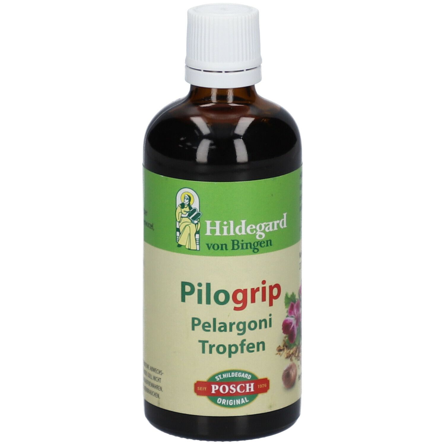 Braune Glasflasche mit weißem Deckel. Etikett mit Produktnamen Pilogrip, Pelargoni Tropfen und Logo.