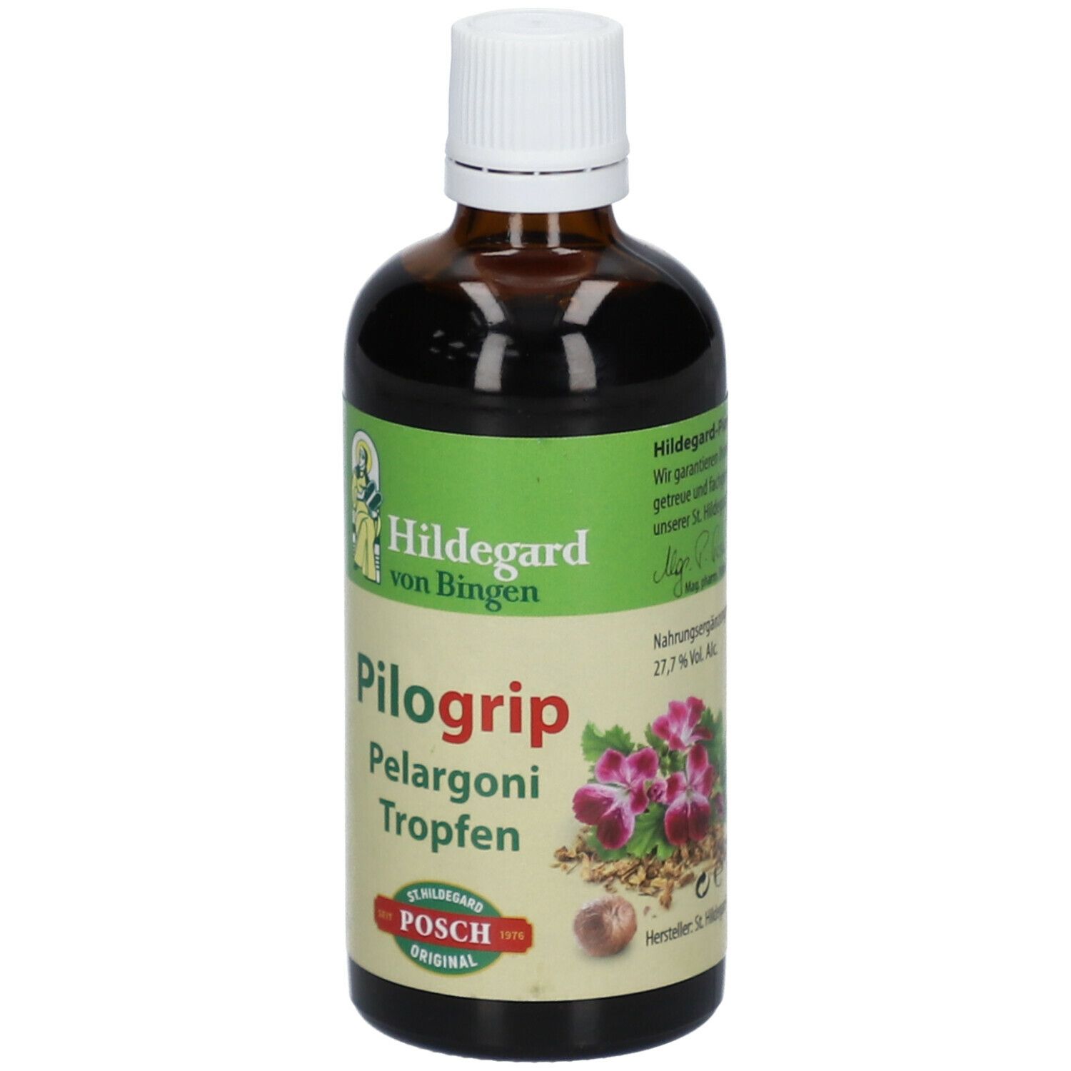 Braune Glasflasche mit weißem Deckel. Etikett mit Produktnamen Pilogrip, Pelargoni Tropfen und Logo.