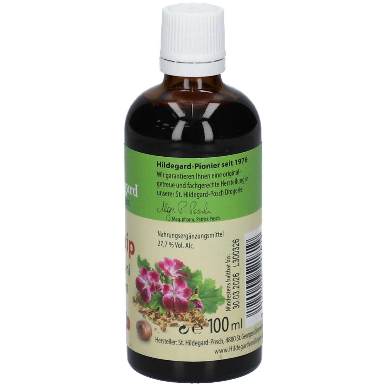 Braune Glasflasche mit weißem Deckel. Etikett mit Produktnamen Pilogrip, Pelargoni Tropfen und Logo.