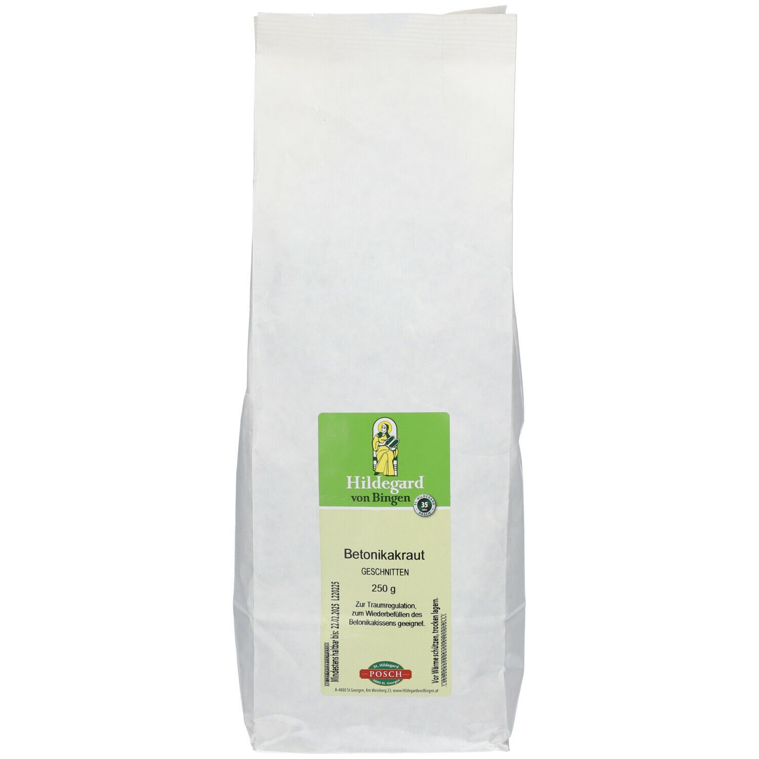 Sachet en papier blanc avec étiquette verte. Étiquette avec nom du produit, logo et texte. 250 g.