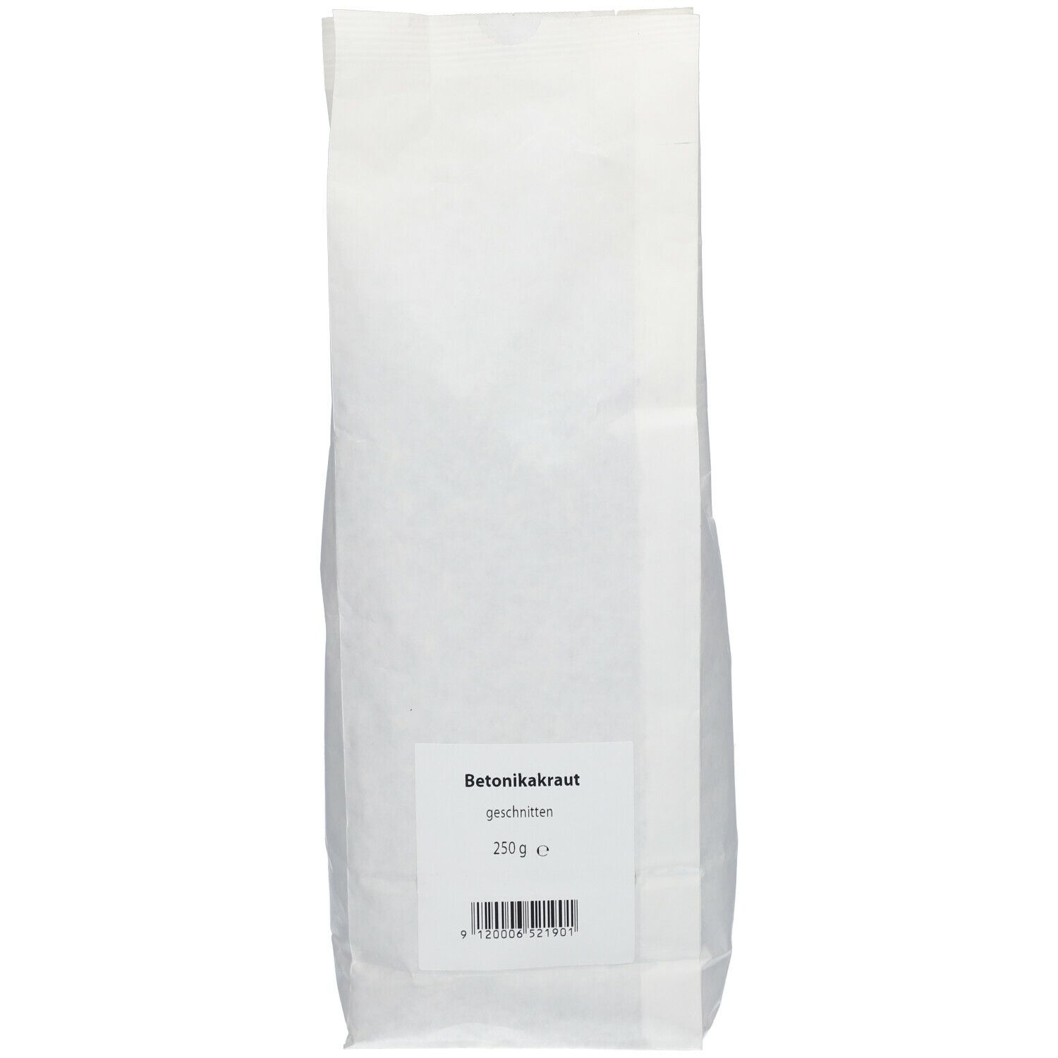 Sachet en papier blanc avec nom du produit et texte. 250 g. Code-barres en bas.