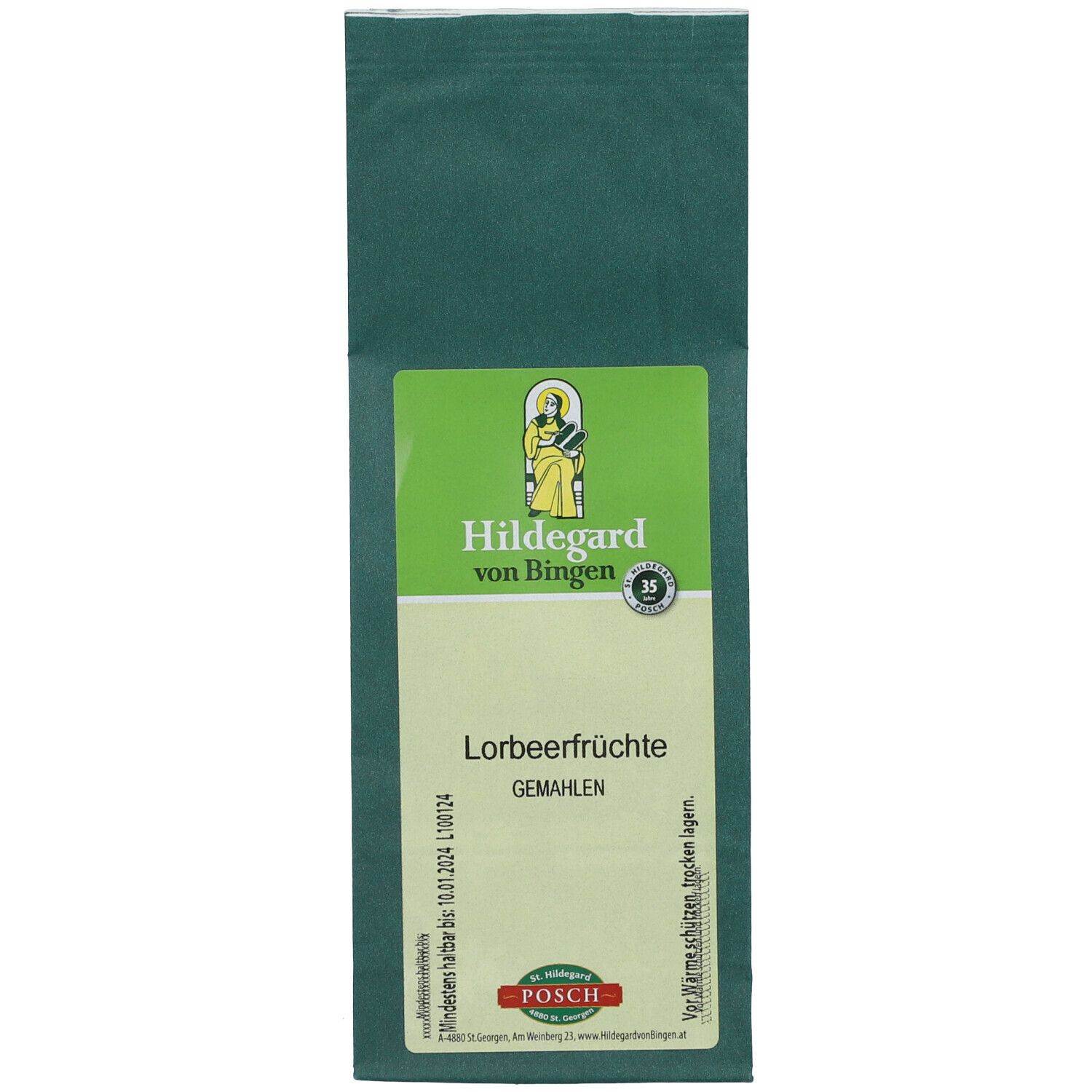 Grüne Papierverpackung mit Etikett. Aufschrift: Lorbeerfrüchte gemahlen. Logo: Hildegard von Bingen.