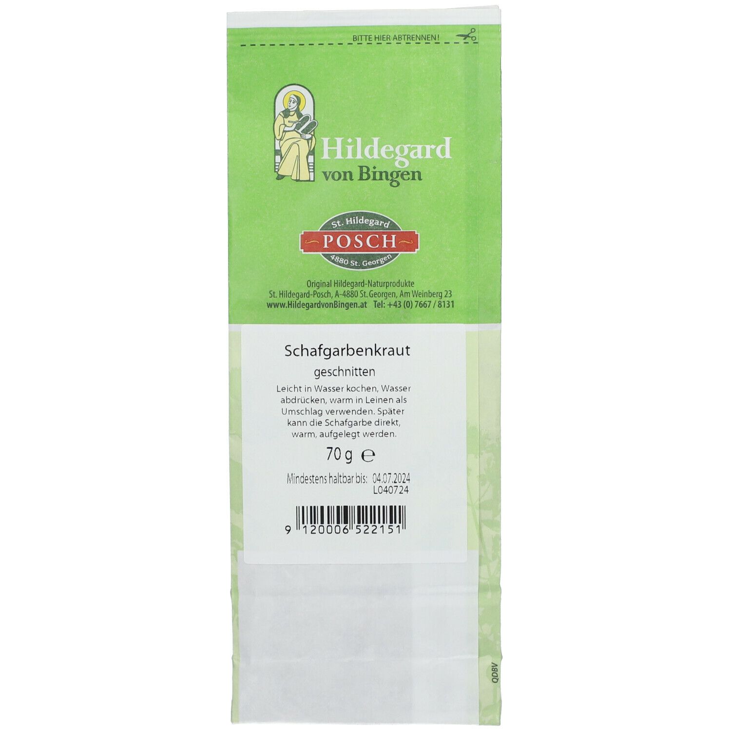 Verpackung mit Schafgarbenkraut geschnitten. Grün-weiße Verpackung mit Logo und Text. 70g.