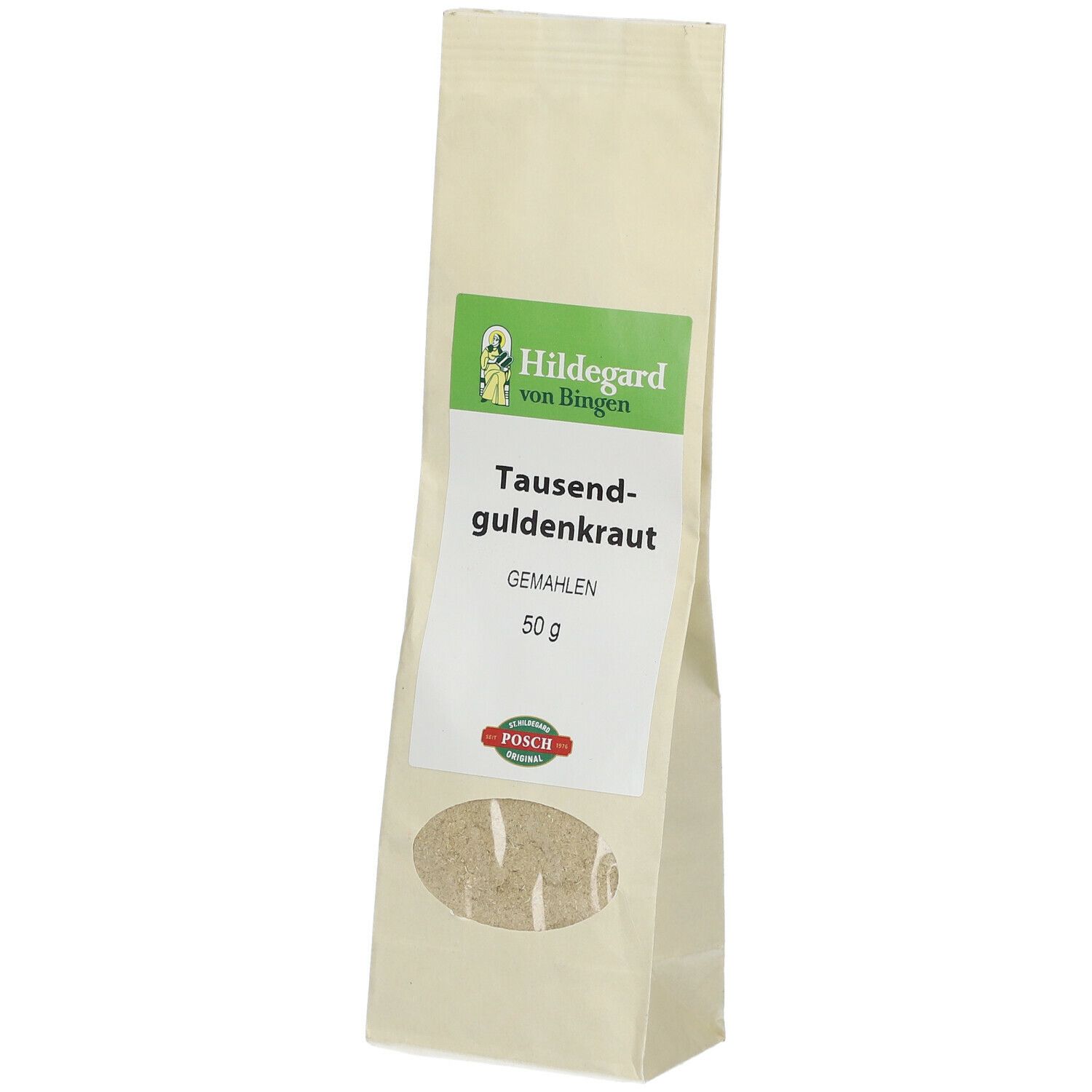 Beutel mit Tausendguldenkraut gemahlen. Sichtfenster. Label mit Logo und Produktbezeichnung.