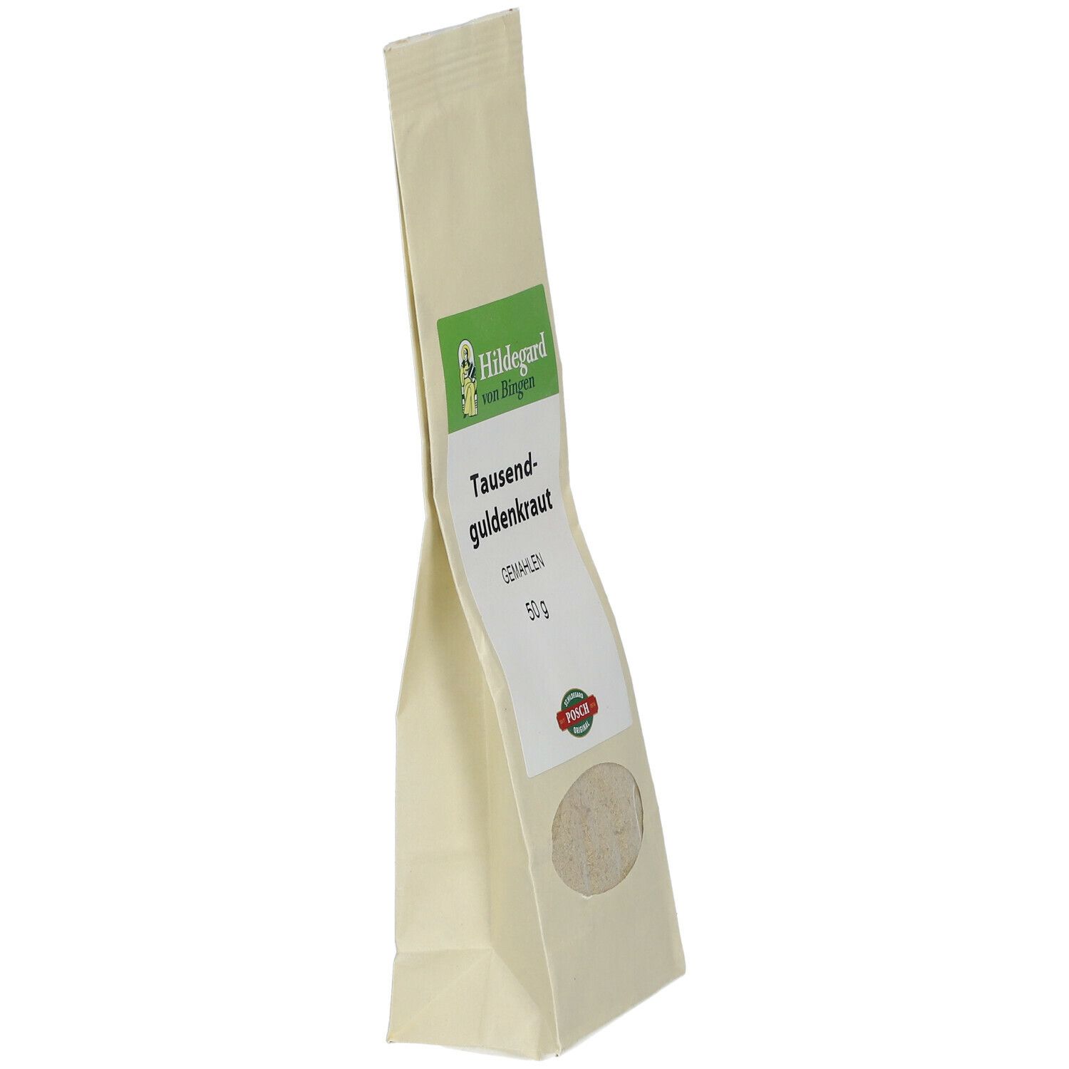 Beutel mit Tausendguldenkraut gemahlen. Seitenansicht. Label mit Logo und Produktbezeichnung.