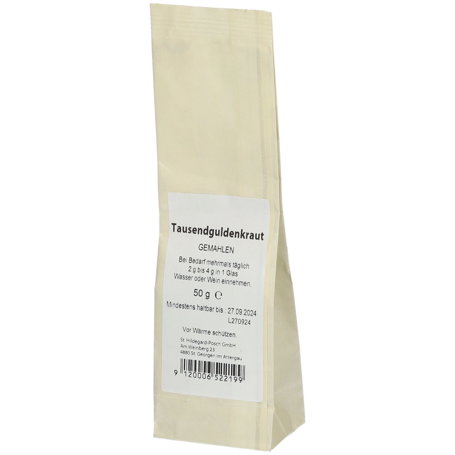 Beutel mit Tausendguldenkraut gemahlen. Rückseite mit Produktinformationen und Mindesthaltbarkeitsdatum.