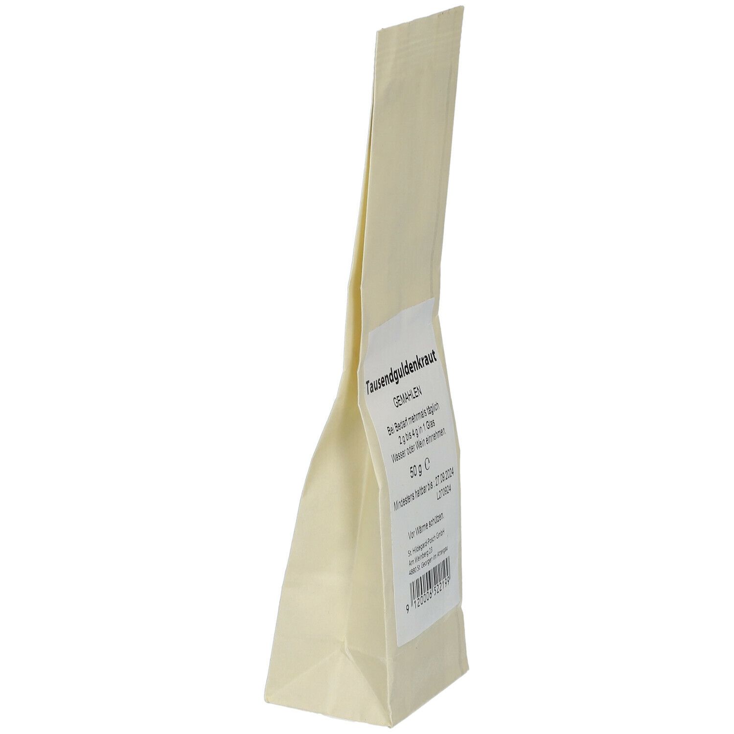 Beutel mit Tausendguldenkraut gemahlen. Seitenansicht mit Produktinformationen.