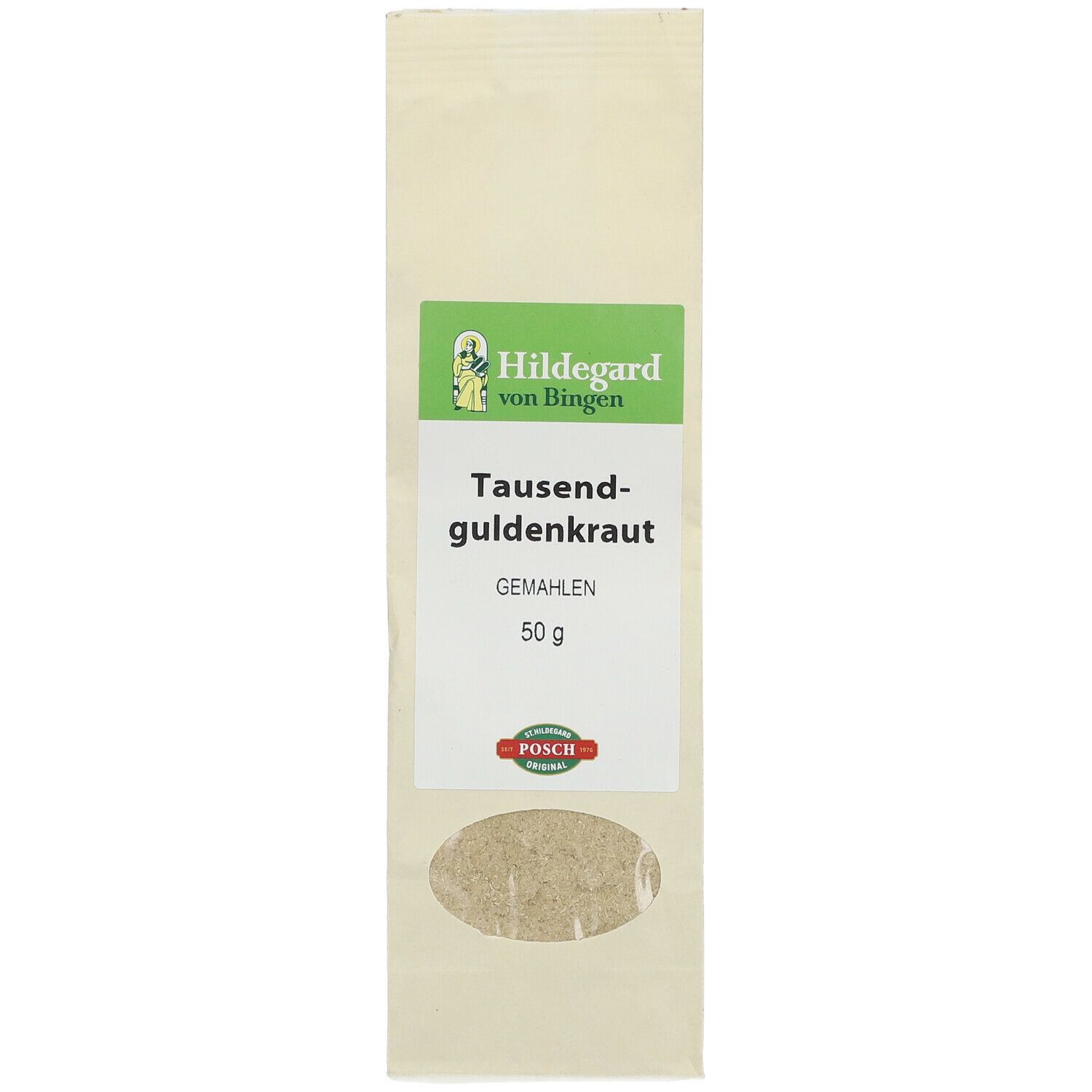 Beutel mit Tausendguldenkraut gemahlen. Sichtfenster. Label mit Logo und Produktbezeichnung.