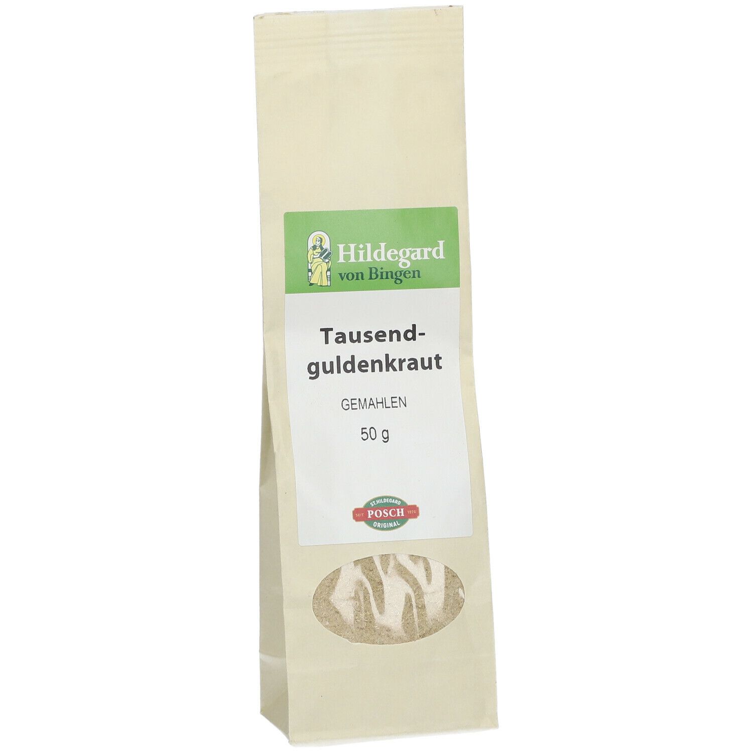Beutel mit Tausendguldenkraut gemahlen. Sichtfenster. Label mit Logo und Produktbezeichnung.
