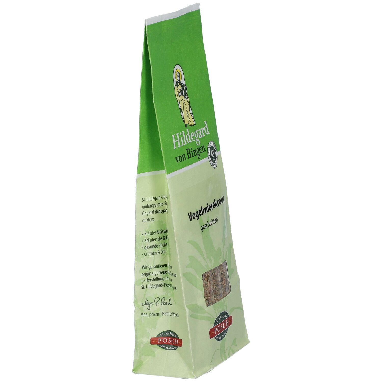 Sachet vert incliné de Vogelmierekraut. Texte: Hildegard von Bingen, POSCH. Fenêtre transparente avec contenu.