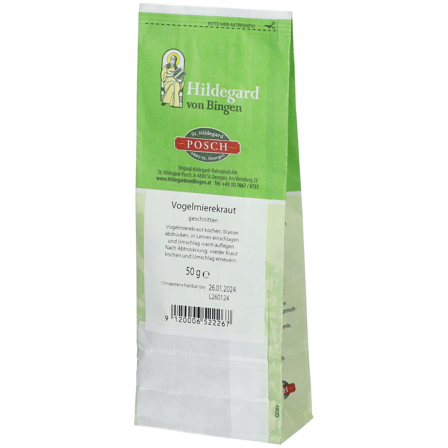 Sachet vert de Vogelmierekraut. Texte: Hildegard von Bingen, POSCH. Indication: 50 g. Date de péremption.