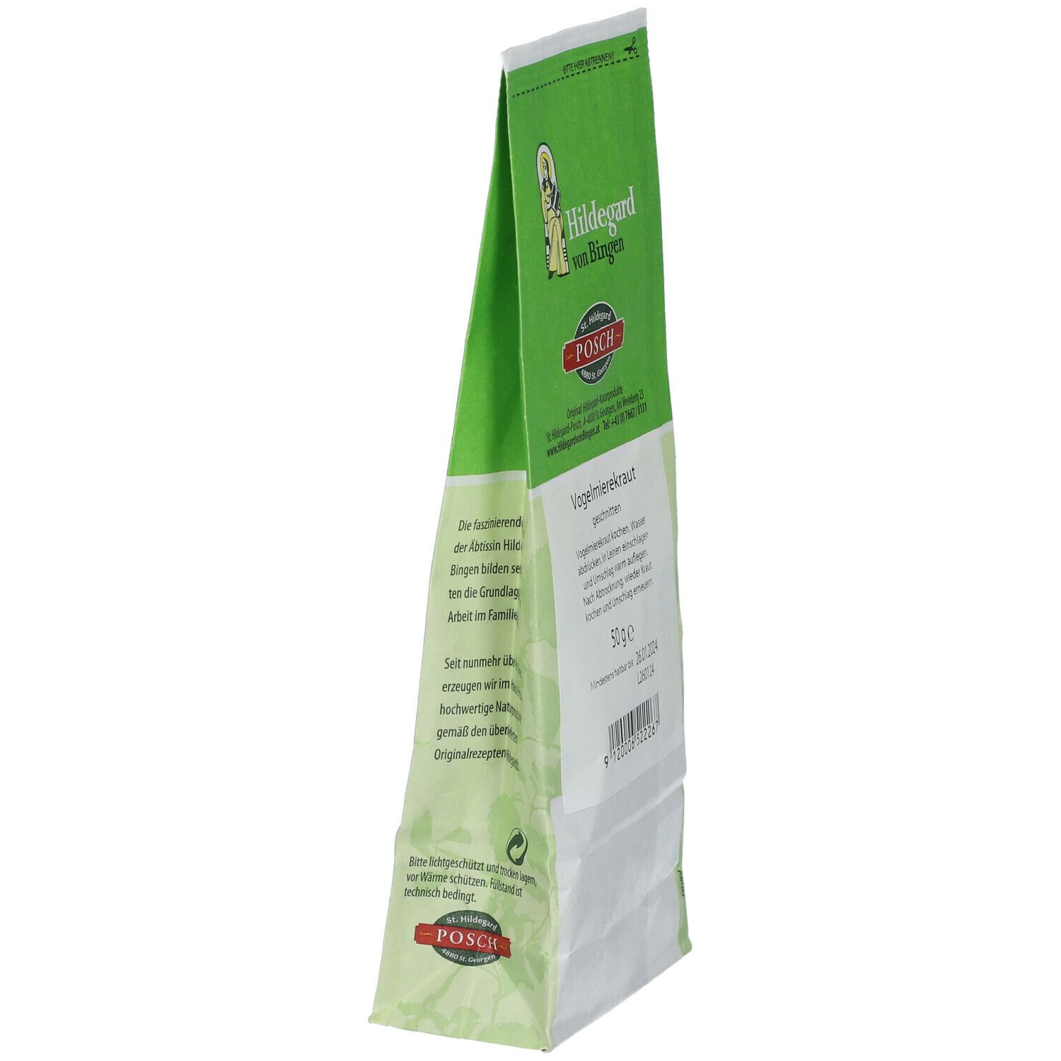 Sachet vert incliné de Vogelmierekraut. Texte: Hildegard von Bingen, POSCH. Indication: 50 g.