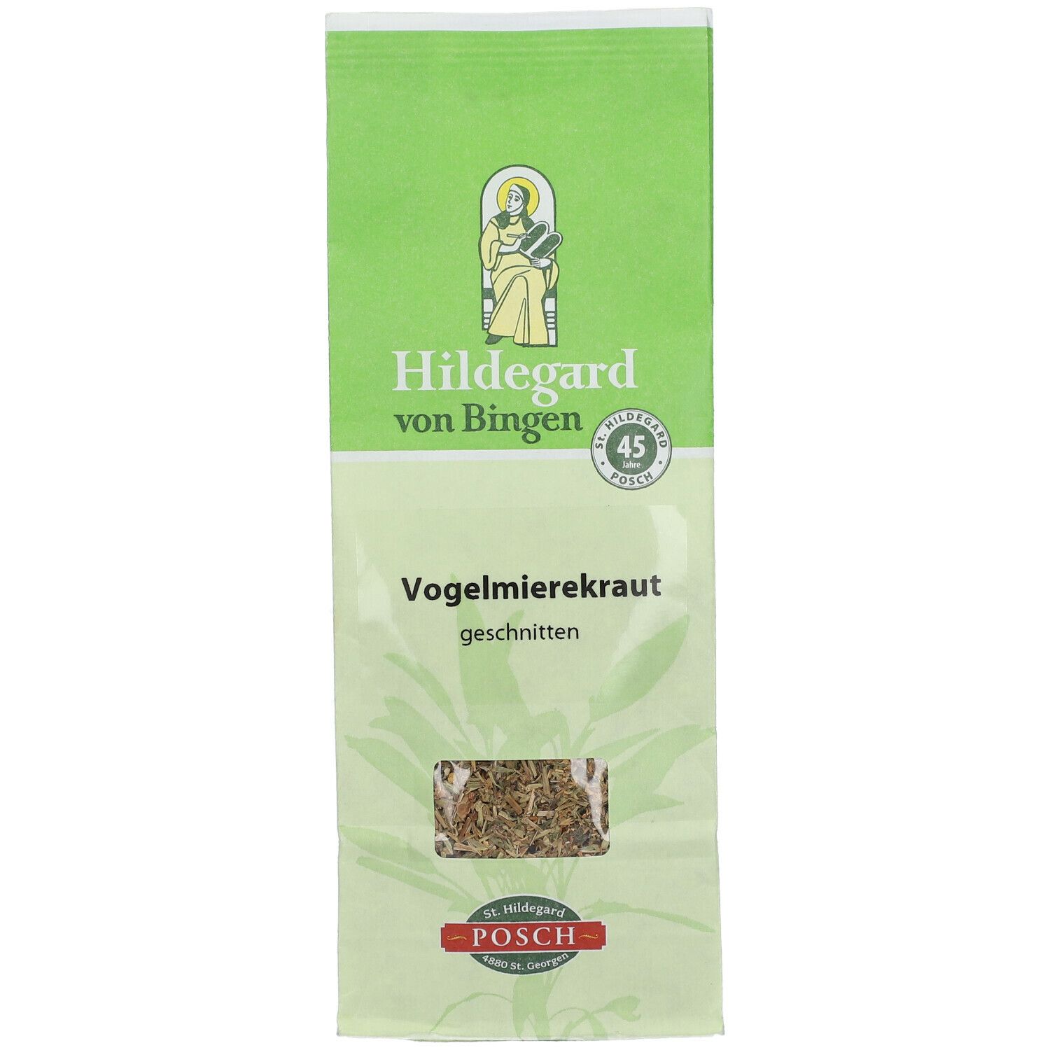 Sachet vert de Vogelmierekraut. Fenêtre transparente révélant le contenu. Logos: Hildegard von Bingen, POSCH.