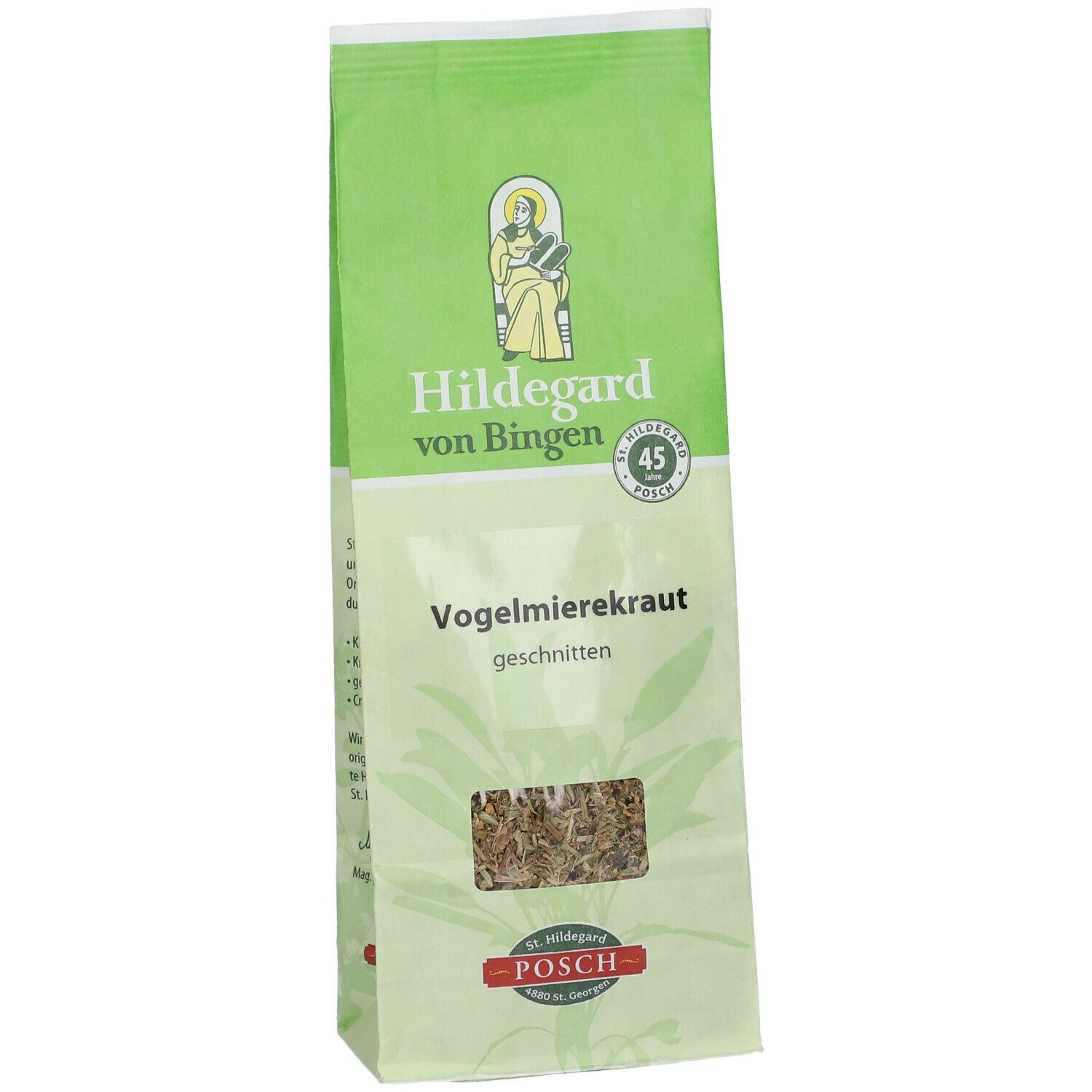 Sachet vert de Vogelmierekraut. Fenêtre transparente révélant le contenu. Logos: Hildegard von Bingen, POSCH.