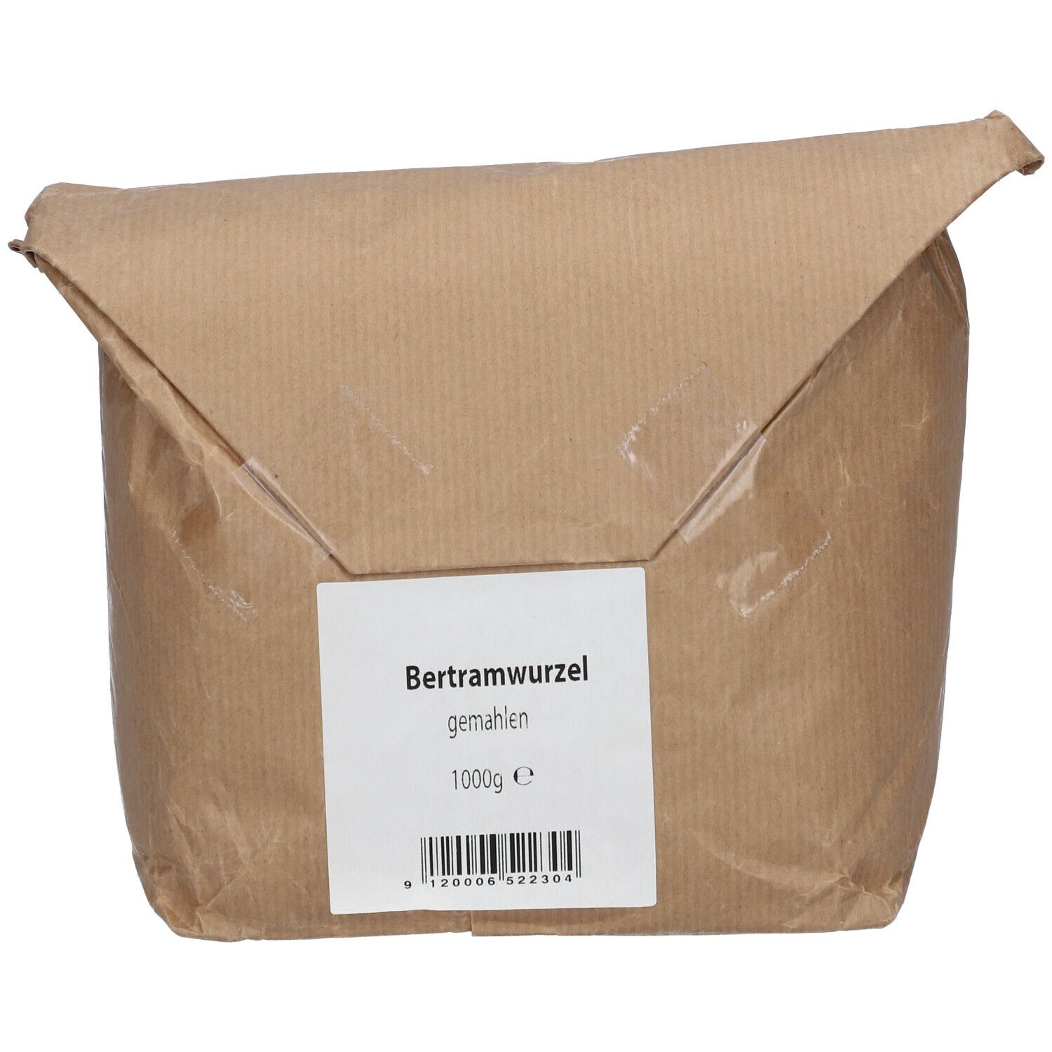 Sac en papier brun avec étiquette blanche. Inscription : Bertramwurzel gemahlen, 1000g. Code-barres.