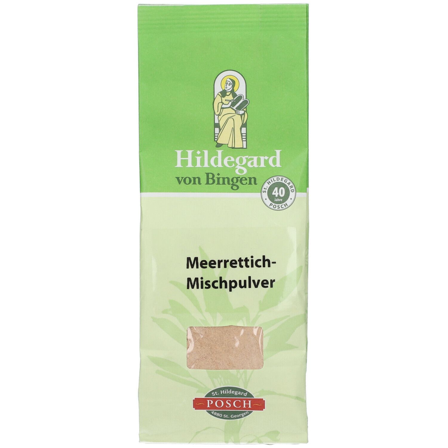 Verpackung mit Meerrettich-Mischpulver. Grün-weiße Tüte mit Produktnamen und Logo. Sichtbares Pulver im unteren Bereich.
