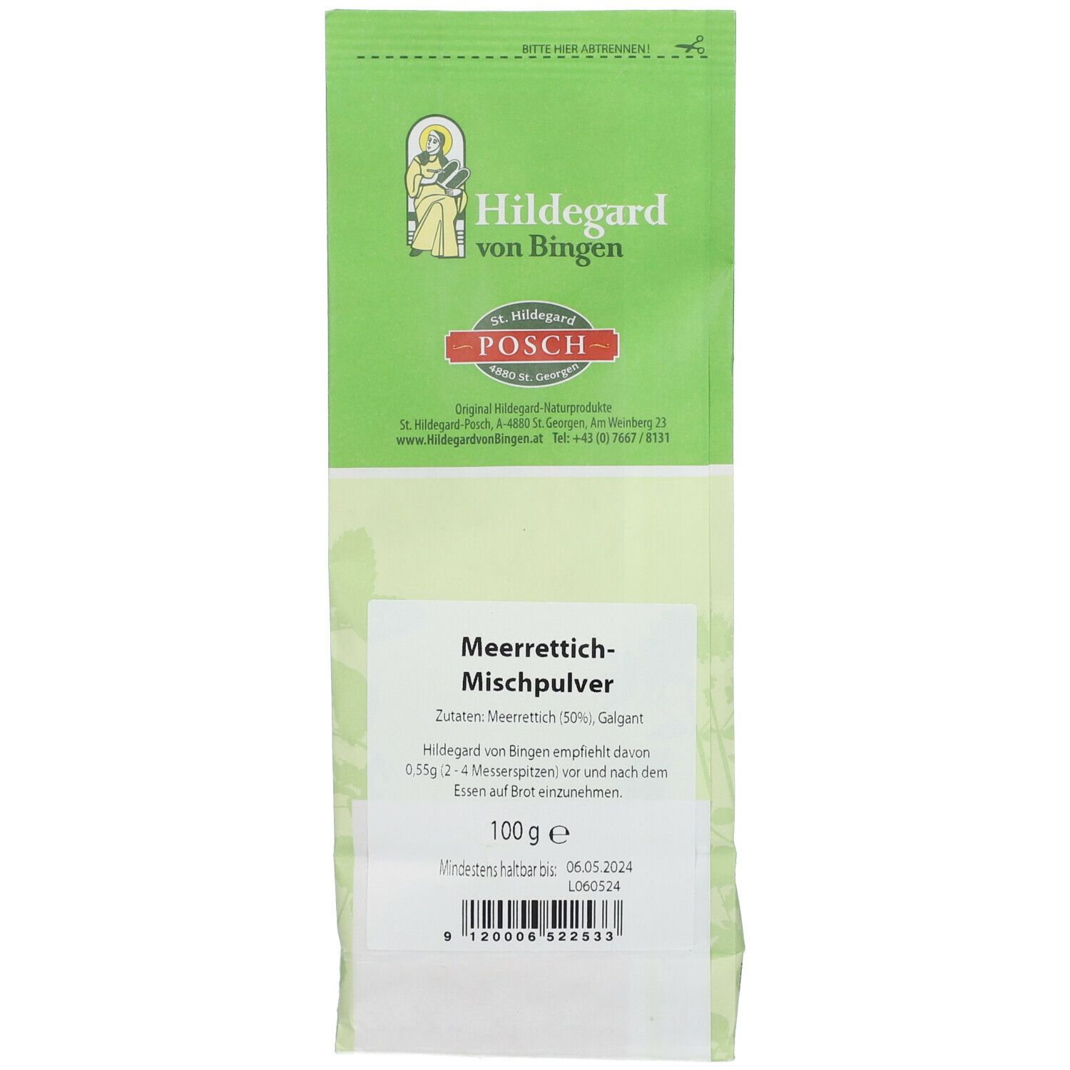 Rückseite der Verpackung mit Meerrettich-Mischpulver. Text mit Zutaten und Mengenangabe. Haltbarkeitsdatum.