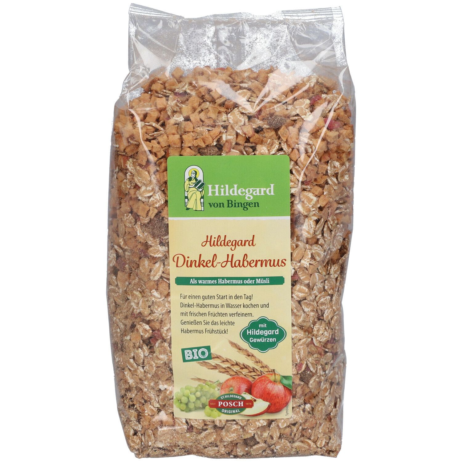 Transparente Verpackung mit Dinkel-Habermus. Etikett mit Produktname, Bio-Siegel und Logo von Hildegard von Bingen.