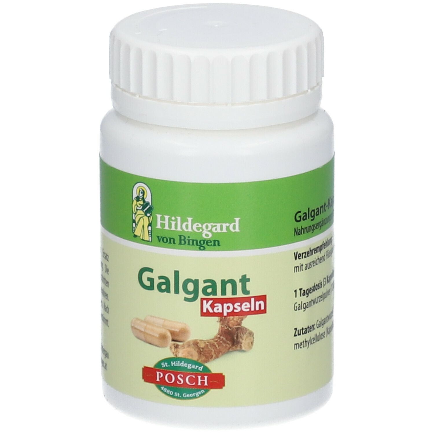 Flacon blanc de Galgant-Kapseln. Inscription : Hildegard von Bingen, Galgant Kapseln, POSCH.
