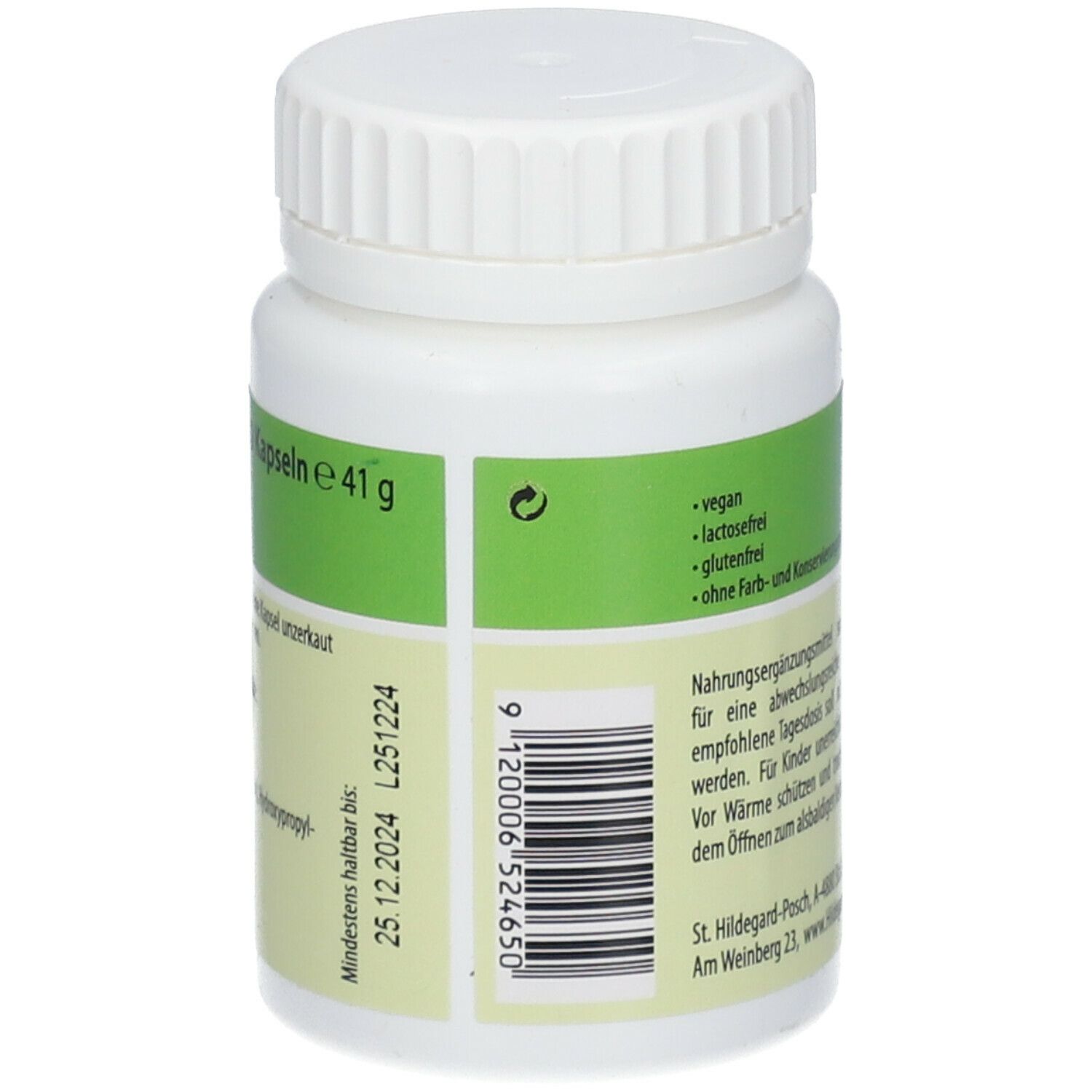 Dos du flacon blanc de Galgant-Kapseln. Texte : A consommer de préférence avant le 25.12.2024. Poids : 41g.