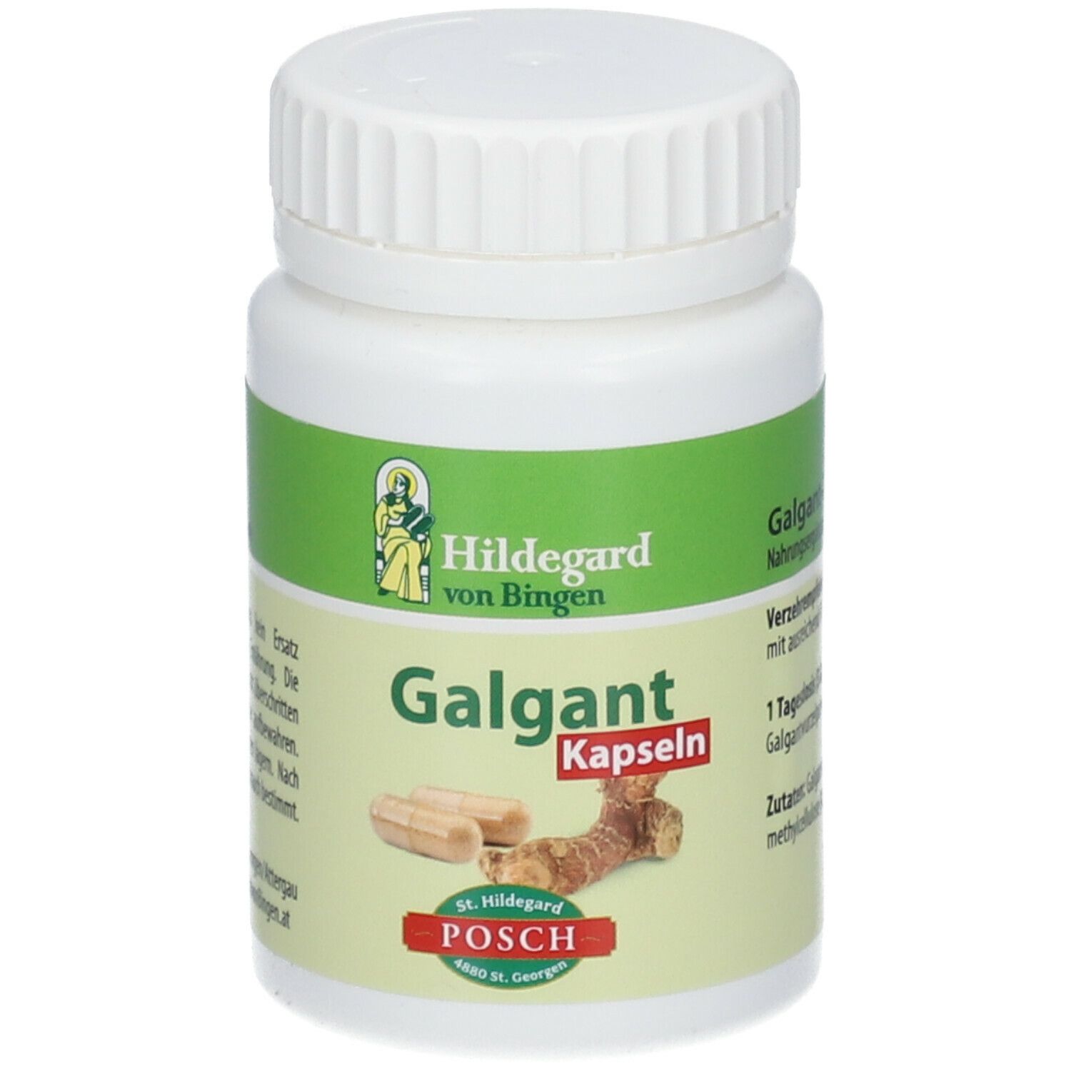 Flacon blanc de Galgant-Kapseln. Inscription : Hildegard von Bingen, Galgant Kapseln, POSCH. Illustration du produit.