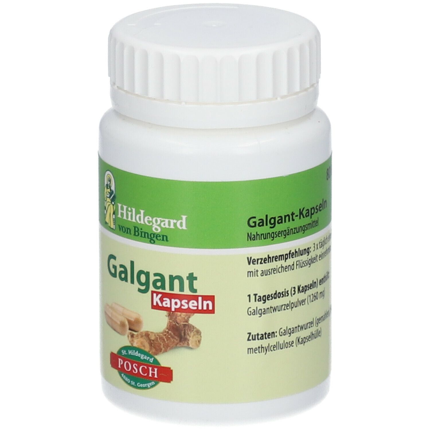 Flacon blanc de Galgant-Kapseln. Inscription : Hildegard von Bingen, Galgant Kapseln, POSCH. Recommandations d'utilisation.