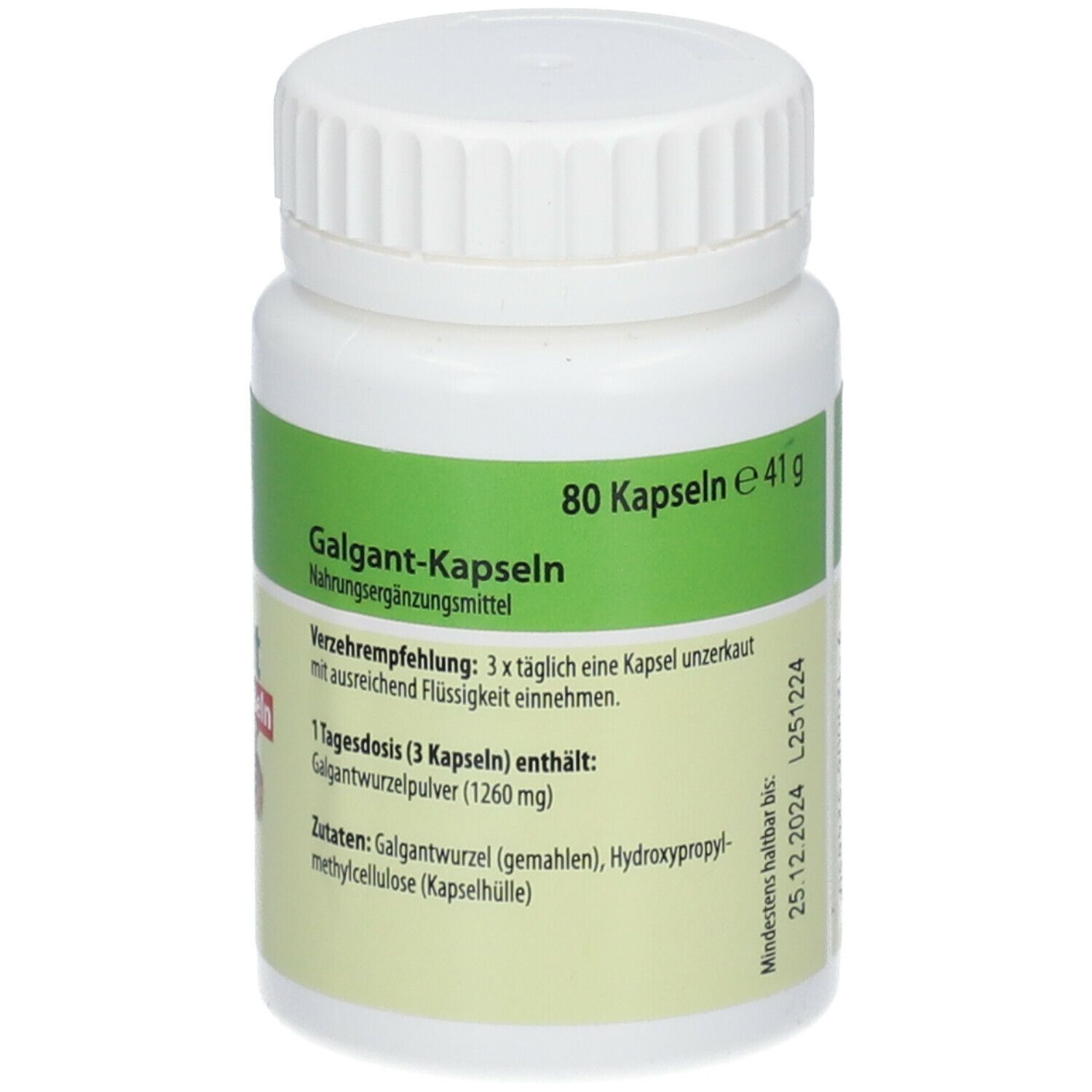 Flacon blanc de Galgant-Kapseln. Inscription : 80 gélules e 41g. A consommer de préférence avant le 25.12.2024. Recommandations.