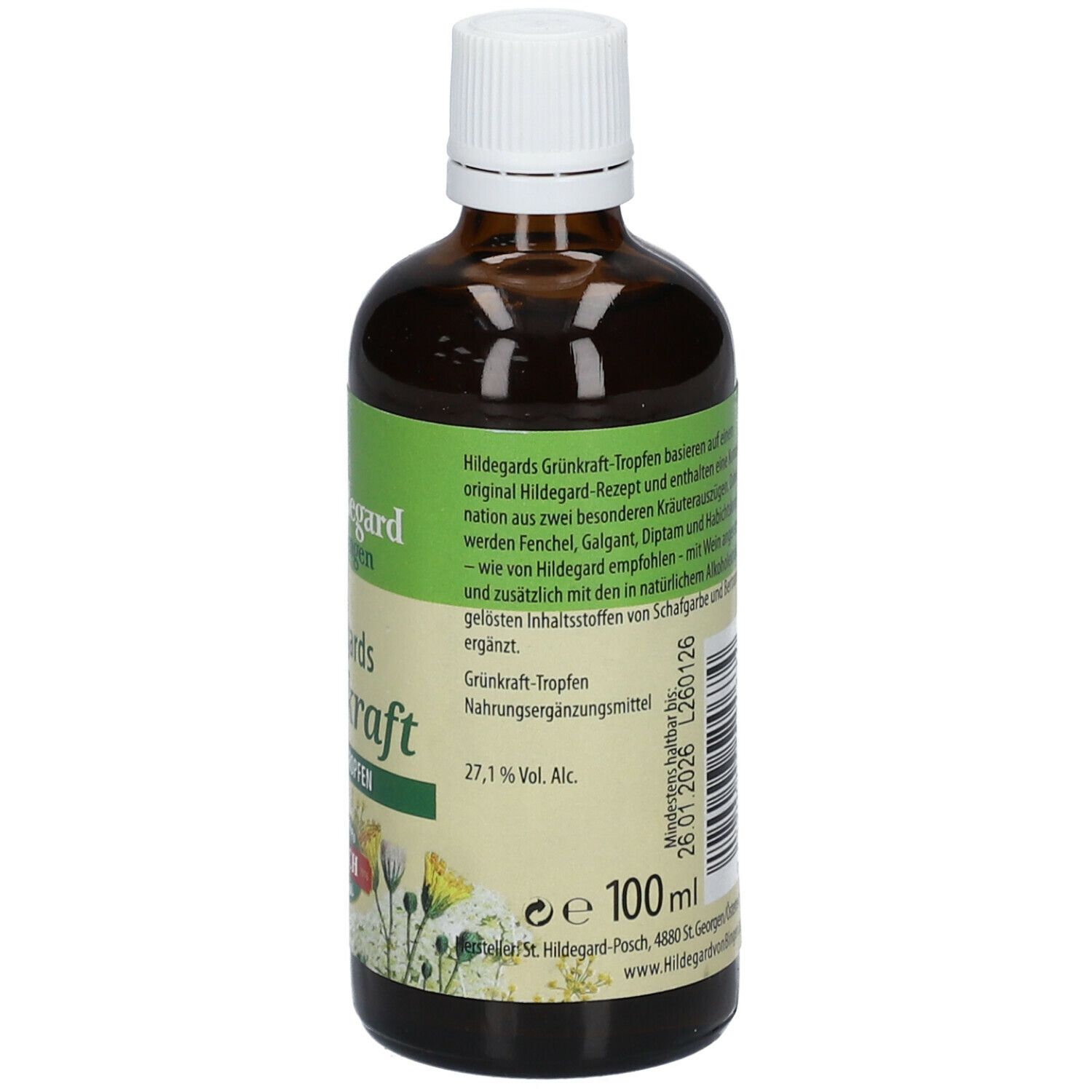 Braune Glasflasche mit weißem Verschluss. Etikett mit Produktnamen, Logo, Alkoholgehalt und Inhaltsangabe.