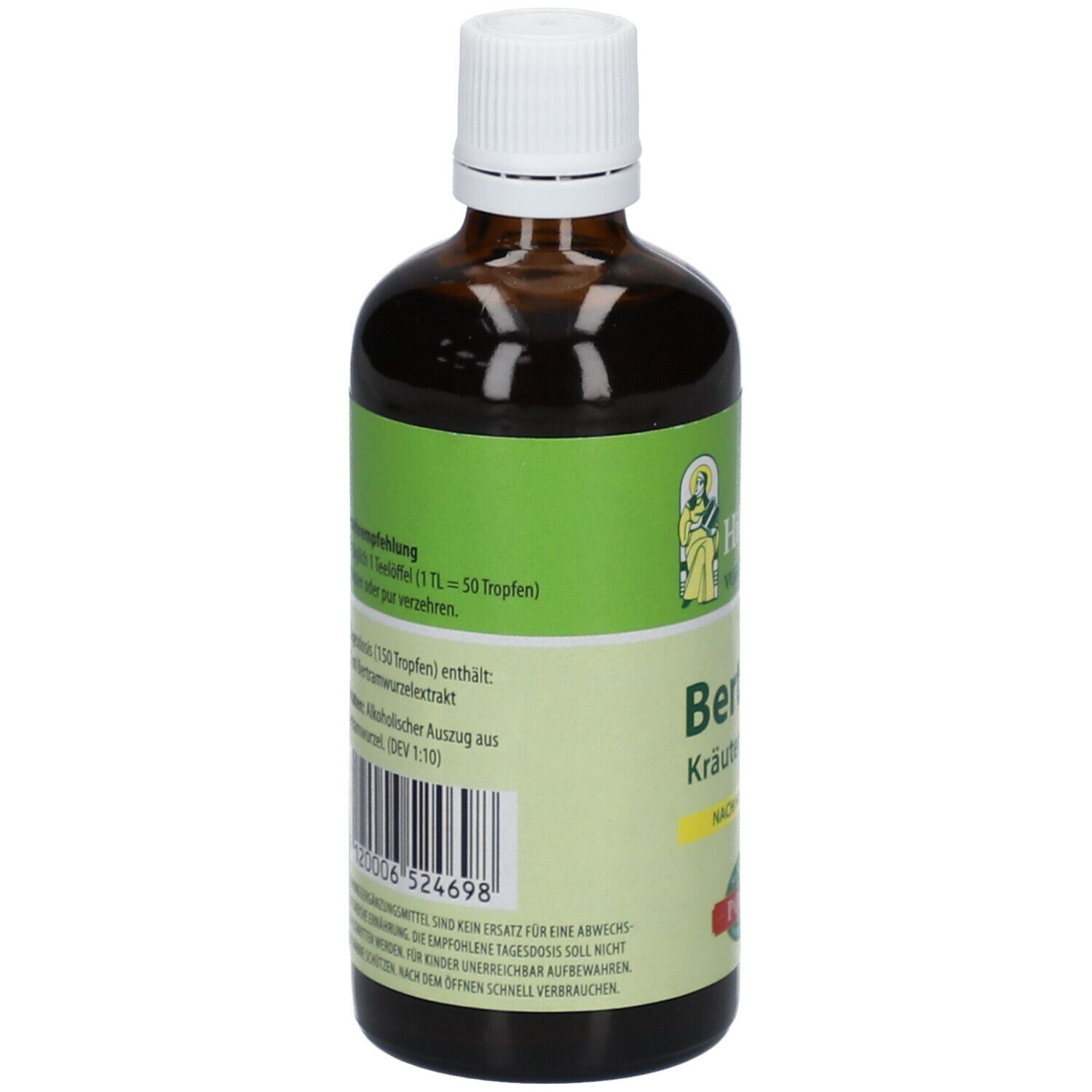 Rückansicht der braunen Glasflasche. Etikett mit Informationen zu Inhaltsstoffen und Dosierung. Produktname Bertram-Kräutertropfen.