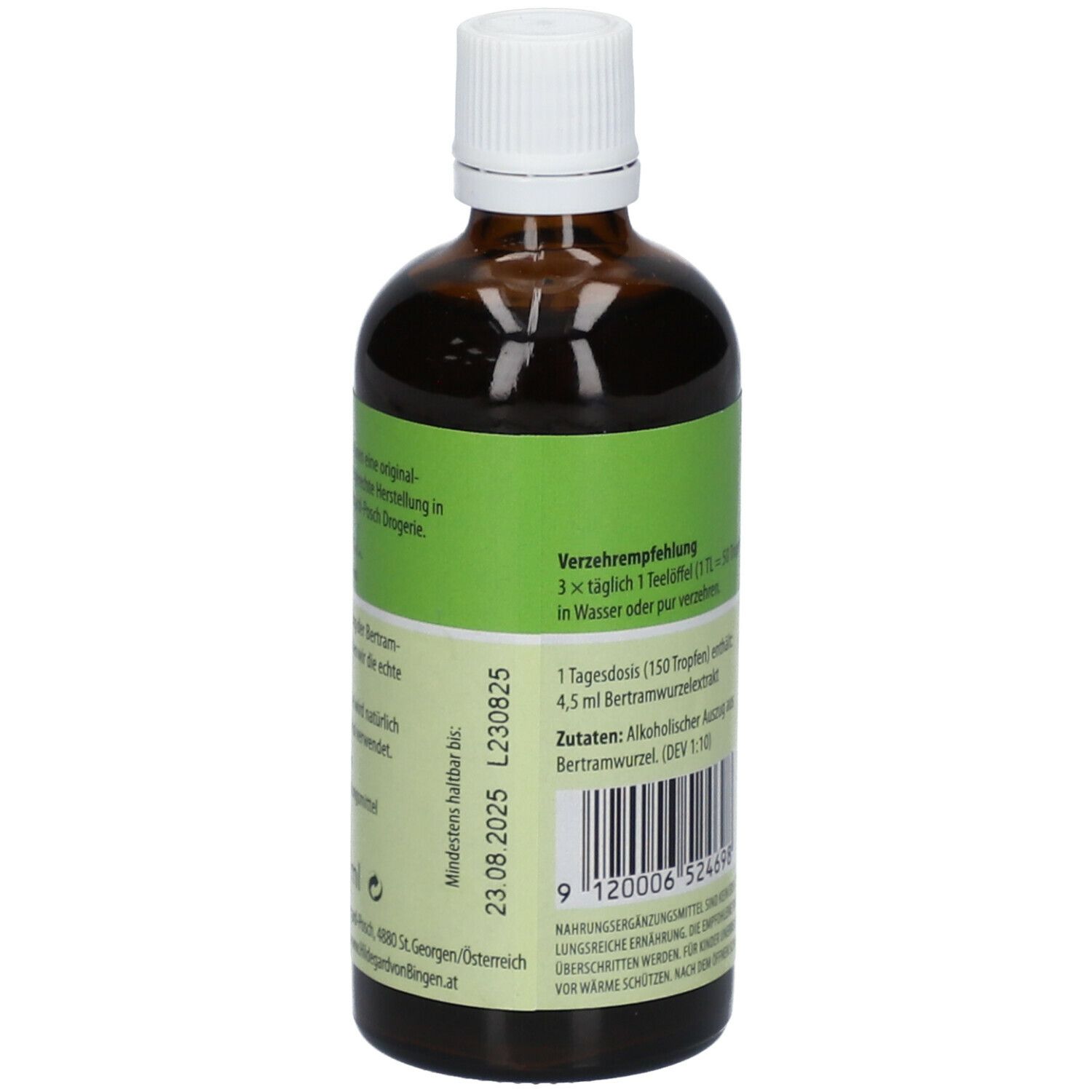 Braune Glasflasche, Seitenansicht. Etikett mit Dosierungsempfehlung und Zutaten. Produktname Bertram-Kräutertropfen.