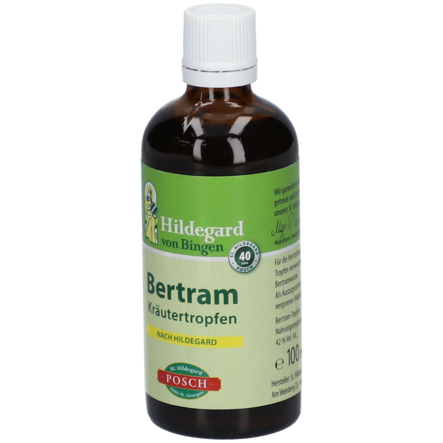Braune Glasflasche mit weißem Deckel. Etikett mit Produktnamen Bertram-Kräutertropfen, Logo Hildegard von Bingen und 100 ml.
