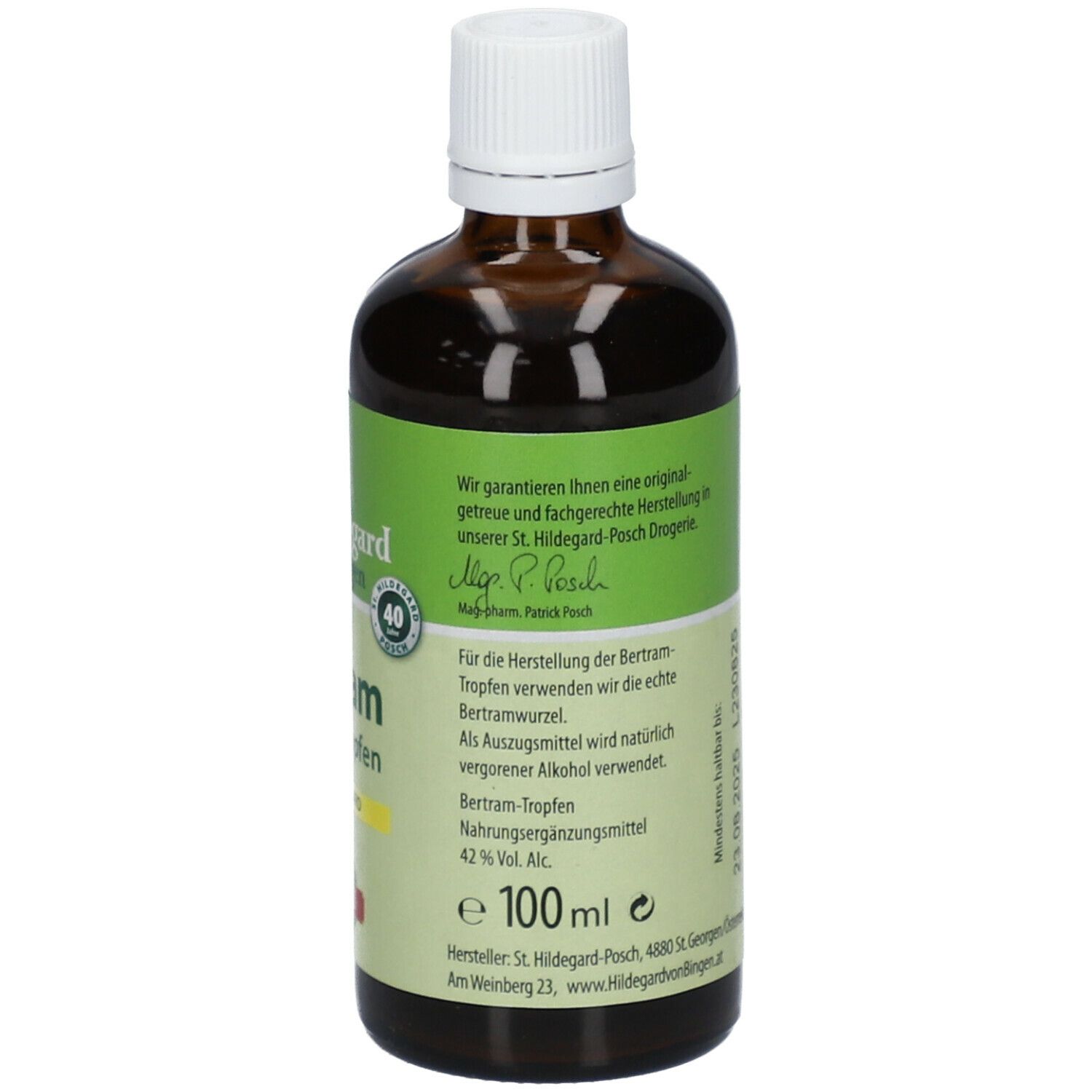 Braune Glasflasche, Rückansicht. Etikett mit Produktinformationen, 100 ml, 42% Vol. Alc. und Herstellerangaben. Bertram-Tropfen.