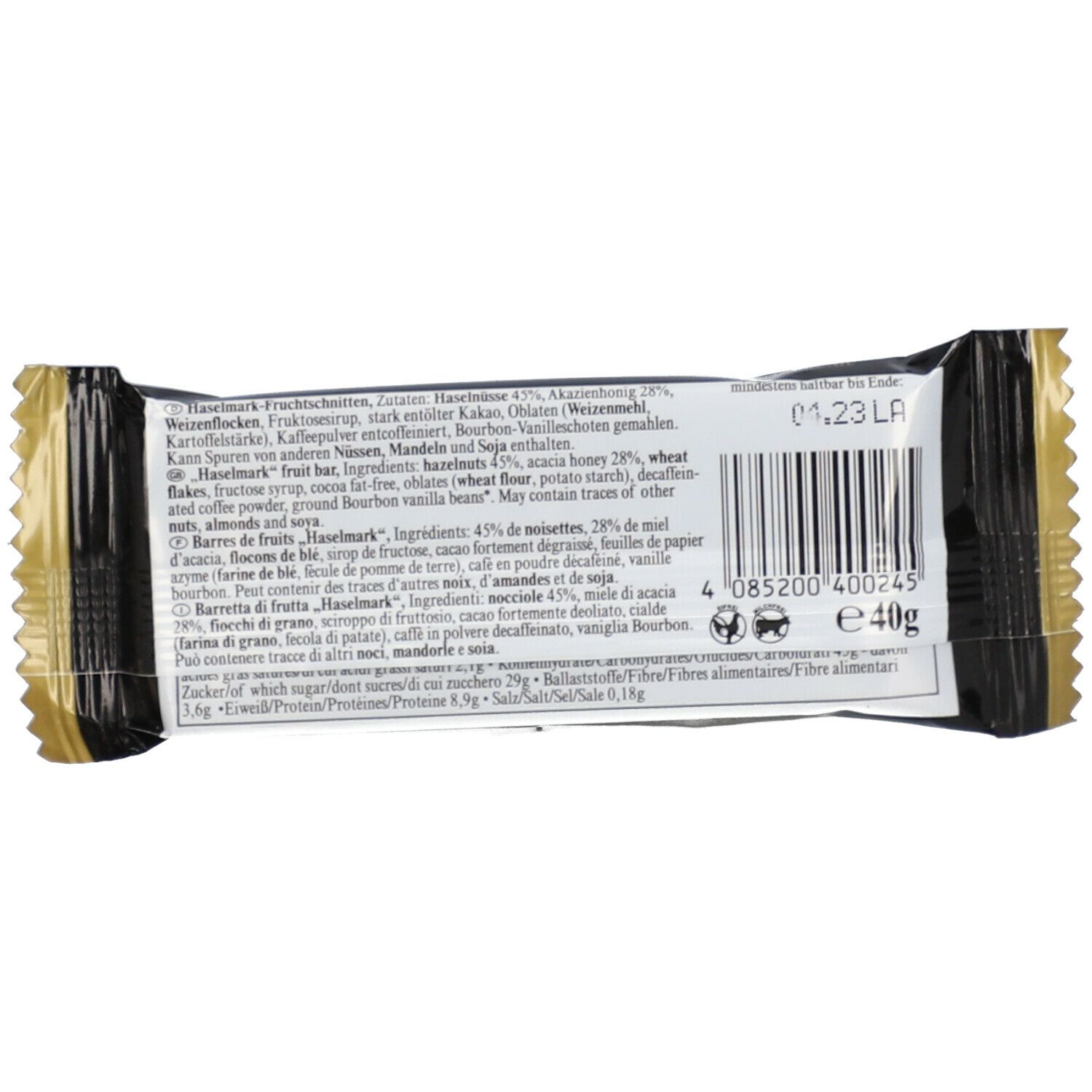 Verpackte Riegel. Aufschrift: Haselmark, 40g. Enthält Zutatenliste, Barcode und Mindesthaltbarkeitsdatum.