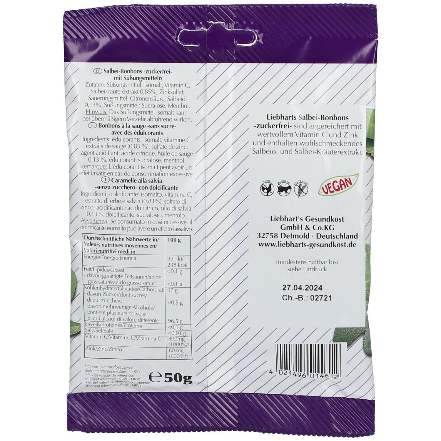 Verpackung von Liebhart's Salbei-Bonbons zuckerfrei. Rückseite mit Zutaten, Nährwertangaben, Vegan-Siegel und Mindesthaltbarkeitsdatum.