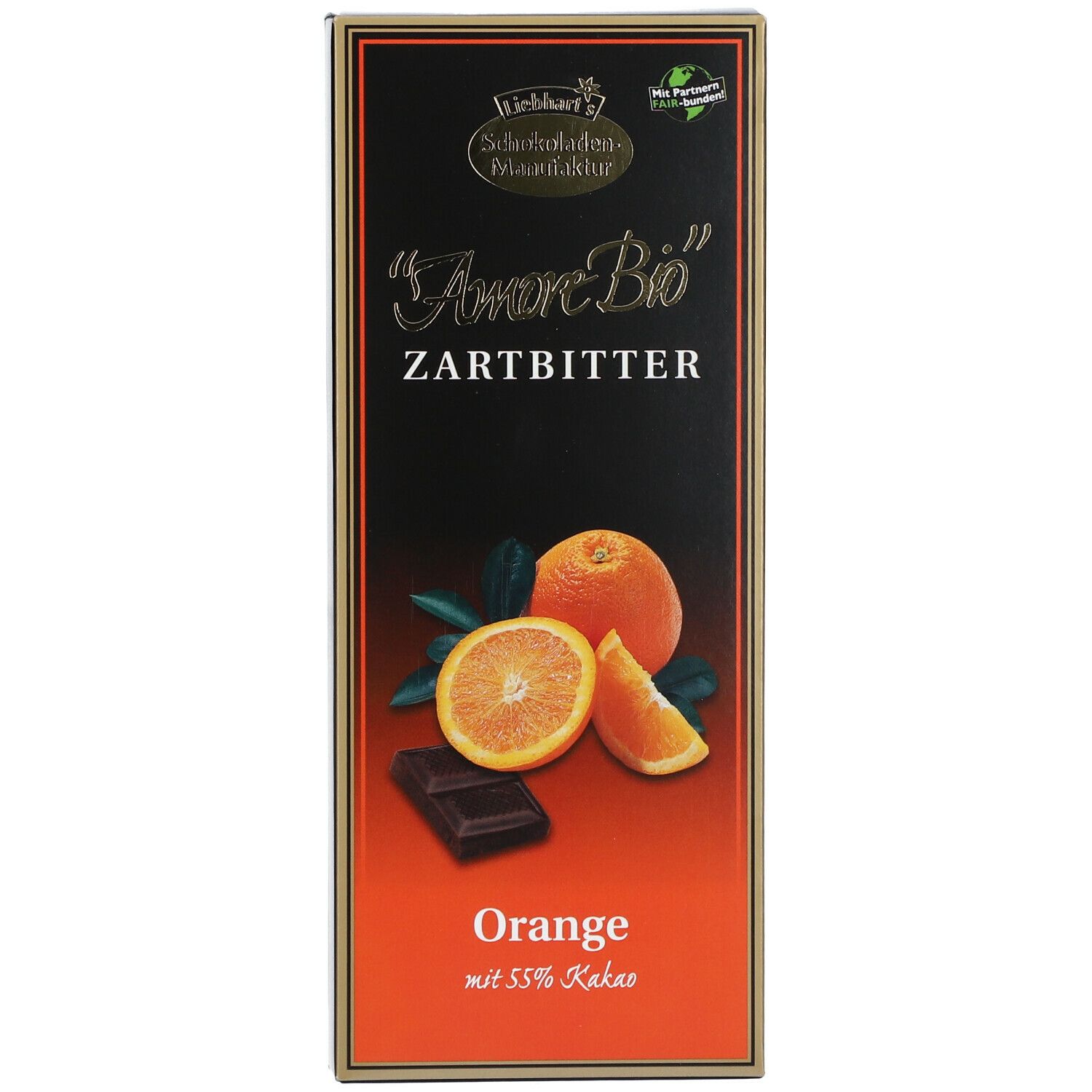Schokoladenverpackung mit Orange-Motiv. Text: "Amore Bio Zartbitter Orange mit 55% Kakao". Logo: Liebhart's Schokoladen-Manufaktur.