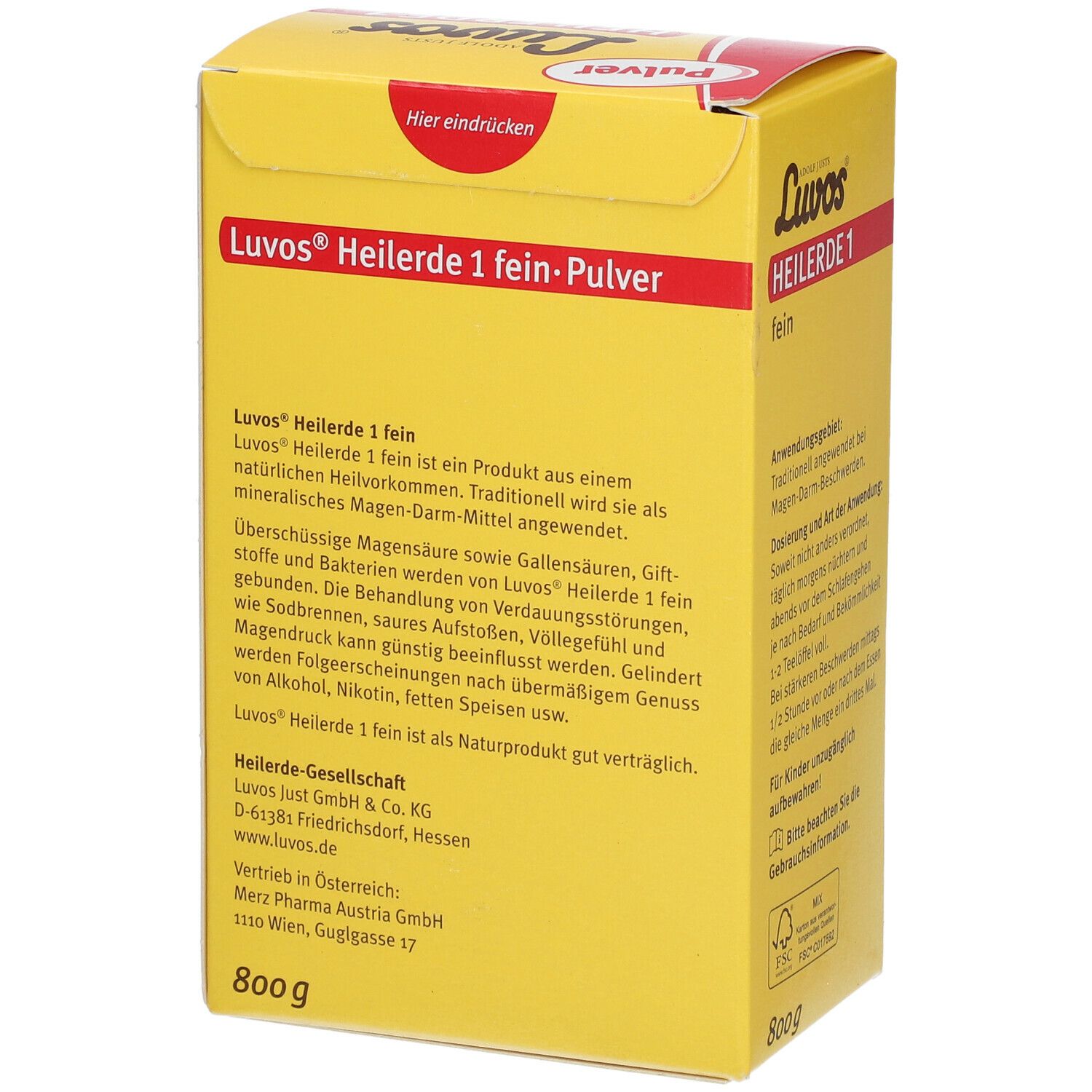 Gelbe Schachtel mit roter Schrift. Luvos Heilerde 1 fein, 800g. Rückseite mit Produktinformationen und Herstellerangaben.