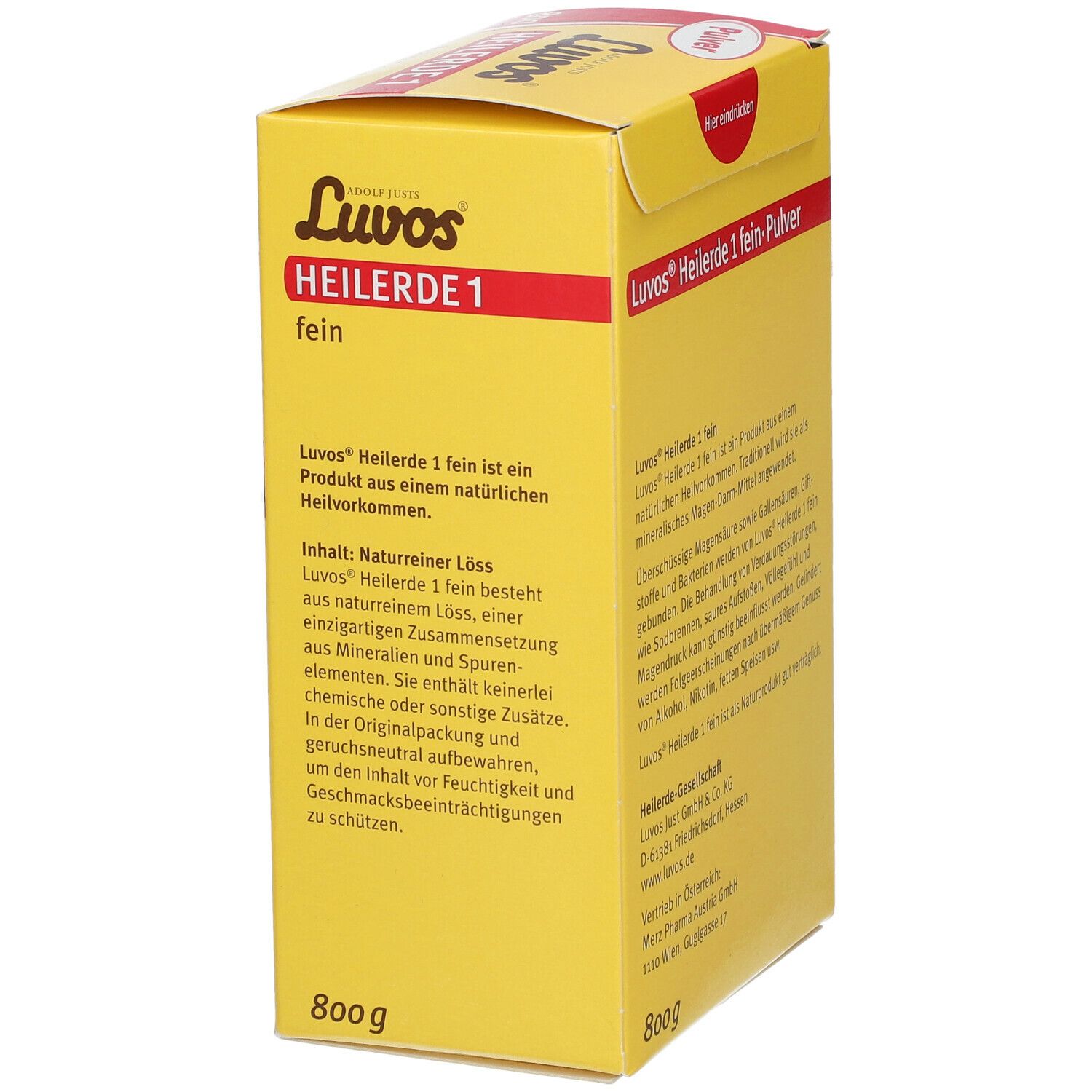 Gelbe Schachtel mit roter Schrift. Luvos Heilerde 1 fein, 800g. Text über Inhaltsstoffe und Aufbewahrung.