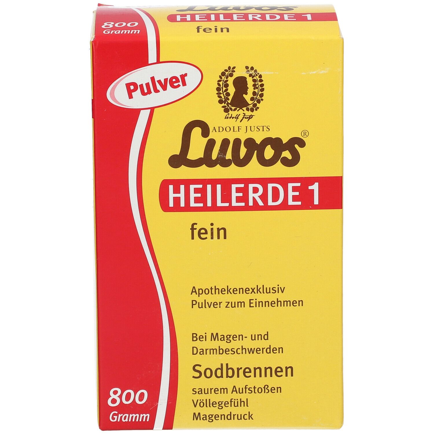 Gelbe Schachtel mit roter Schrift. Luvos Heilerde 1 fein, 800g. Pulver. Apothekenexklusiv. Bei Sodbrennen.