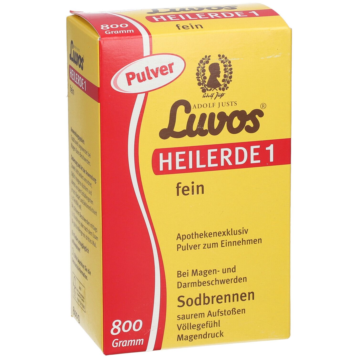 Gelbe Schachtel mit roter Schrift. Luvos Heilerde 1 fein, 800g. Pulver. Apothekenexklusiv. Bei Sodbrennen.