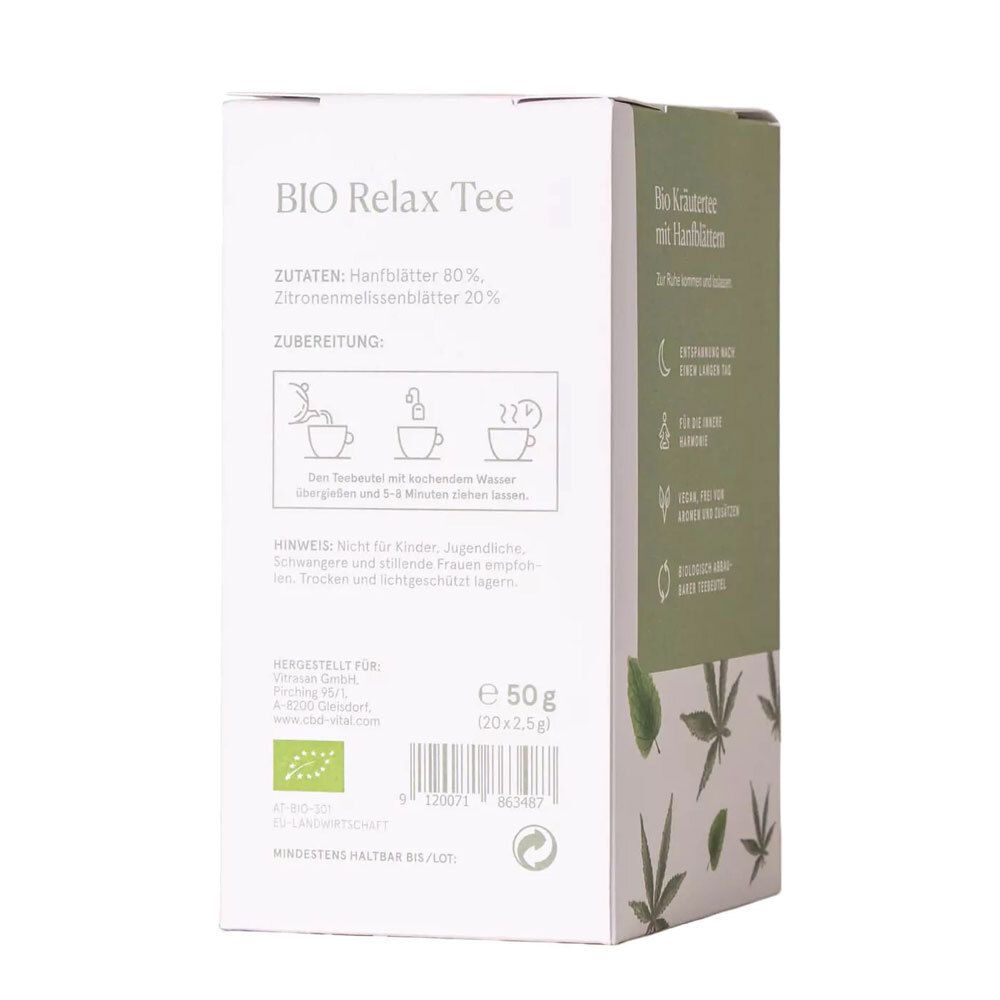 Rückseite der CBDVITAL BIO Relax Tee Verpackung. Zutaten, Zubereitung, Hinweis, Hersteller. Bio-Siegel. 50g (20x2,5g).