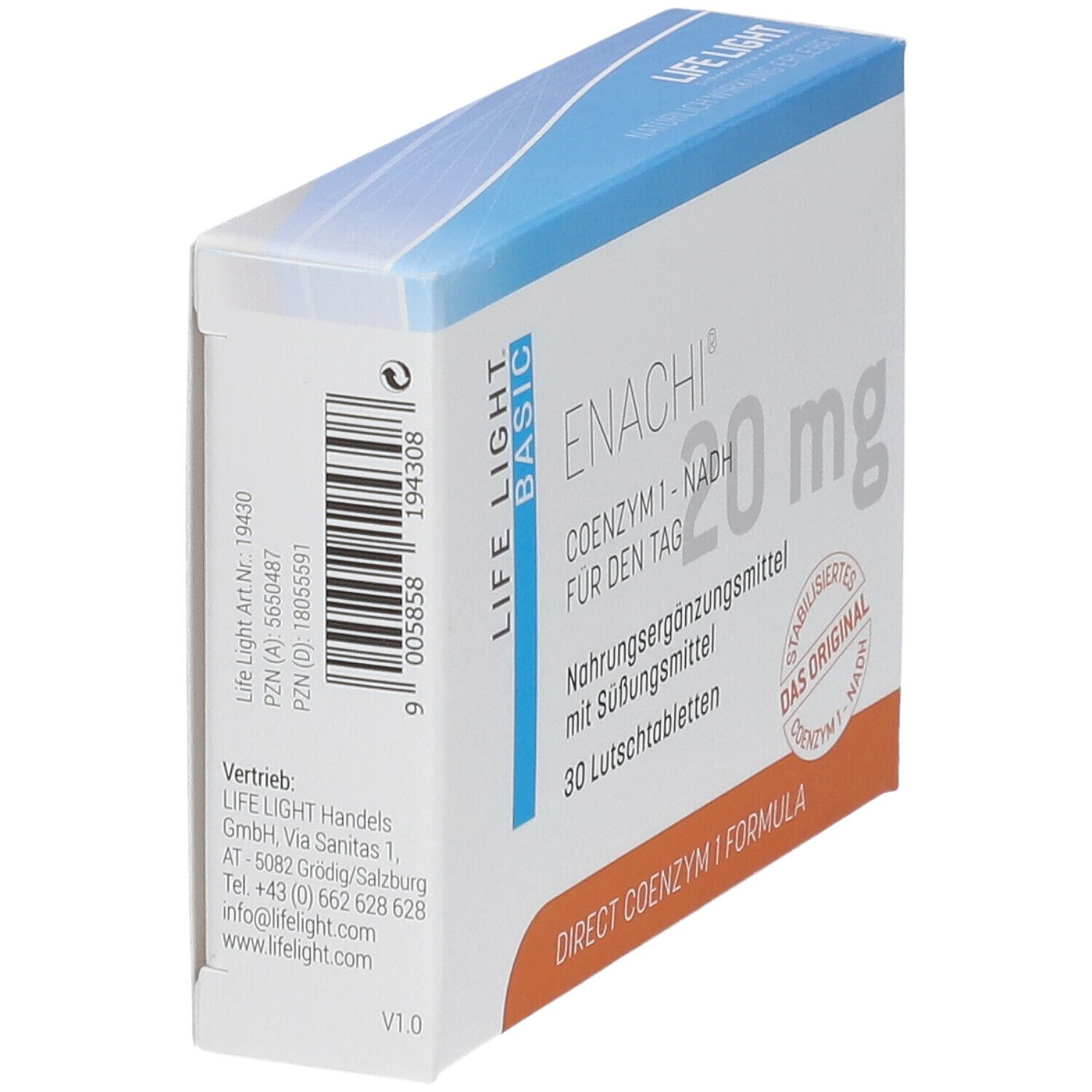 Schachtel "ENACHI" und "COENZYM 1 - NADH". 30 Lutschtabletten. 20 mg. Logo "LIFE LIGHT BASIC".