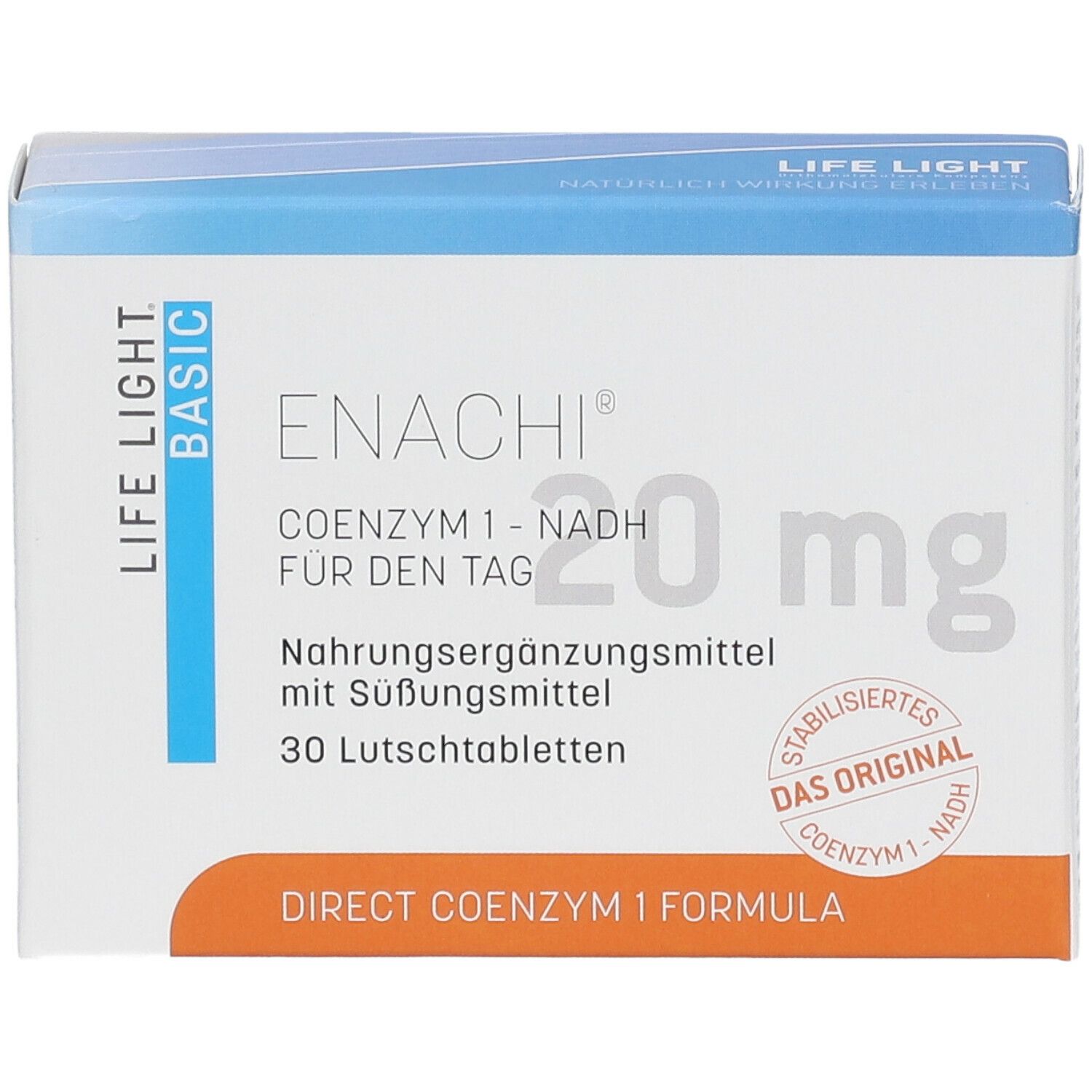 Schachtel mit "ENACHI" und "COENZYM 1 - NADH". 30 Lutschtabletten. 20 mg. Orangefarbener Streifen mit Text.