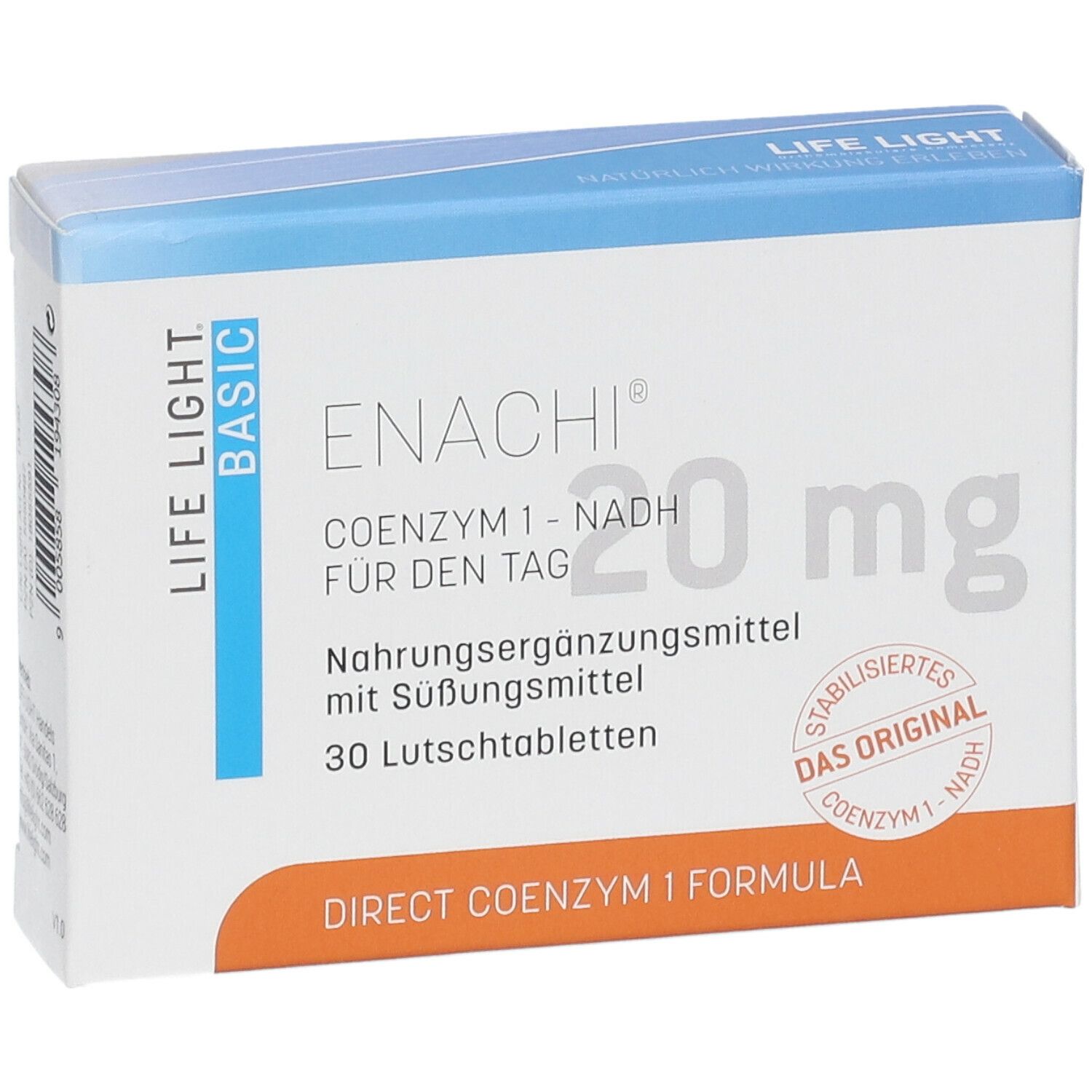 Schachtel mit "ENACHI" und "COENZYM 1 - NADH". 30 Lutschtabletten. 20 mg. Logo "LIFE LIGHT BASIC".