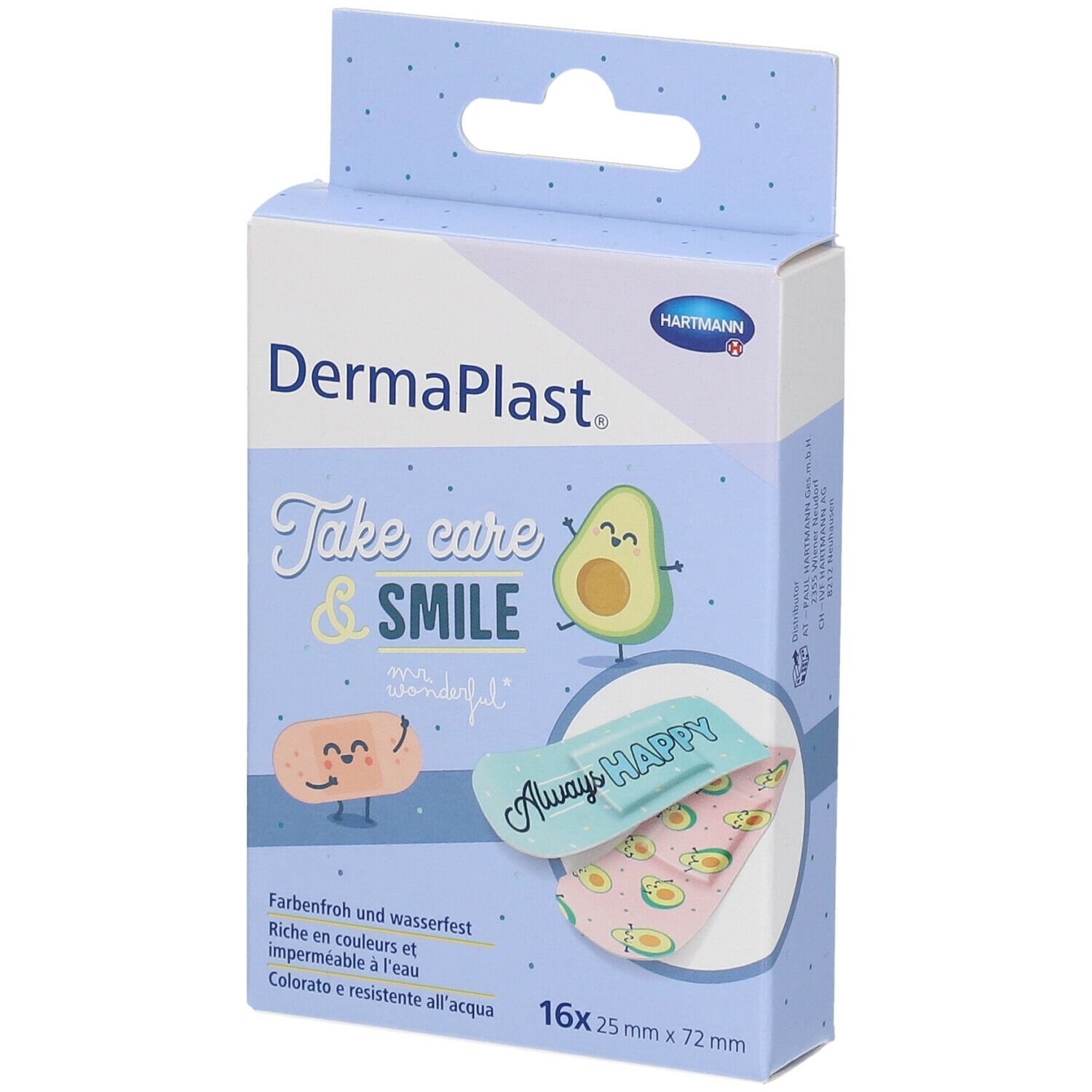 Verpackung mit DermaPlast Pflastern. Aufdruck: Take care & SMILE, Avocado-Illustrationen. 16 Stück, 25 x 72 mm.