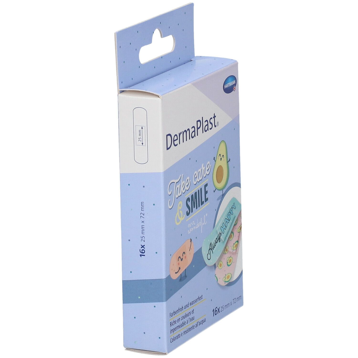 Seitenansicht der DermaPlast Pflasterverpackung. Aufdruck: Take care & SMILE. 16 Stück, 25 x 72 mm. Mit Aufhänger.