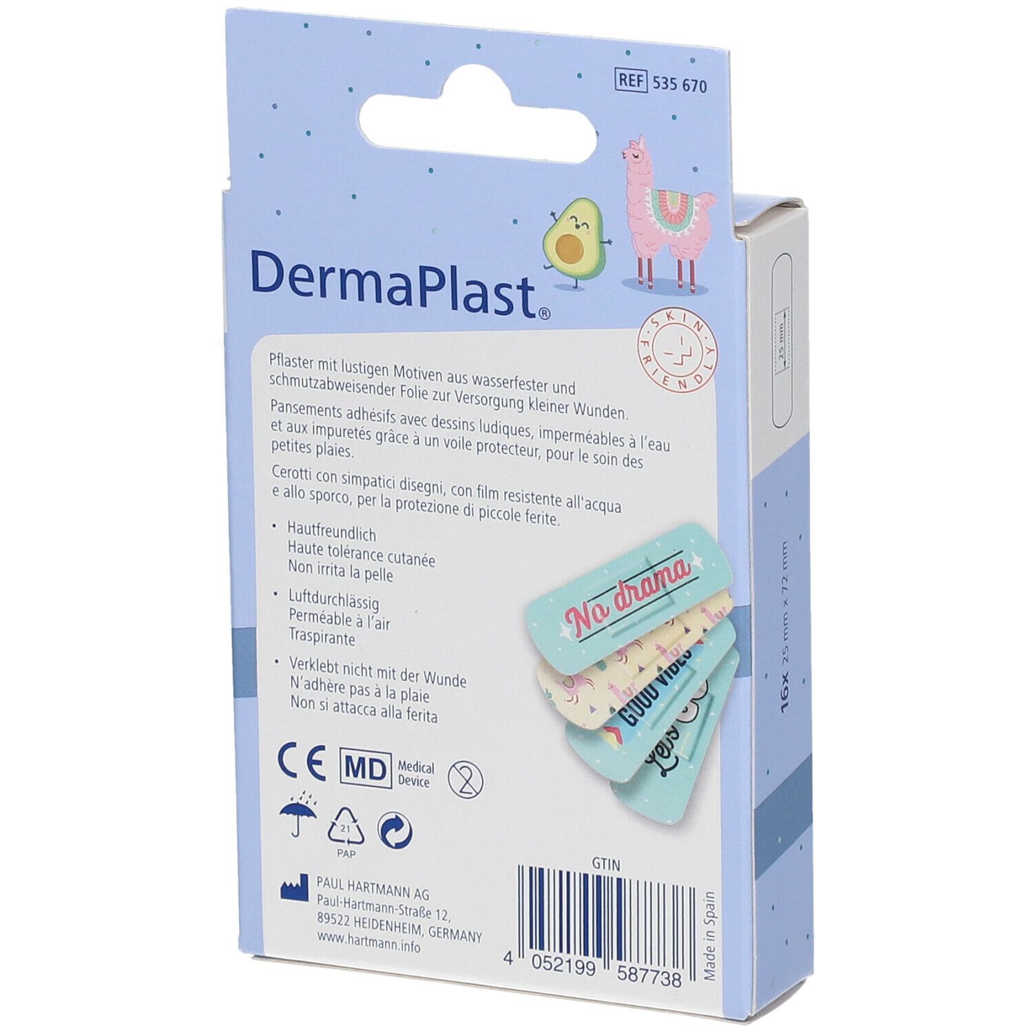 Rückseite der DermaPlast Pflasterverpackung. Text: Pflaster mit Motiven, Hautverträglichkeit, luftdurchlässig. CE-Kennzeichnung.