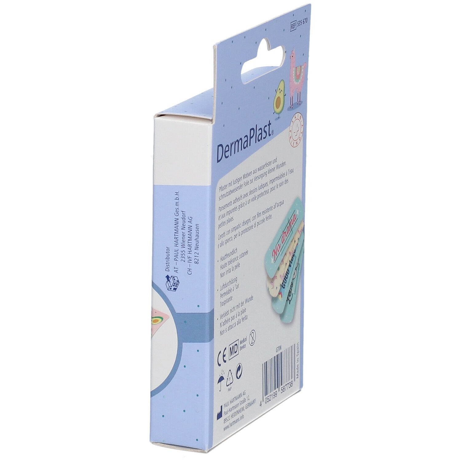 Seitenansicht der DermaPlast Pflasterverpackung. Aufdruck: Take care & SMILE. Mit Aufhänger. CE-Kennzeichnung.